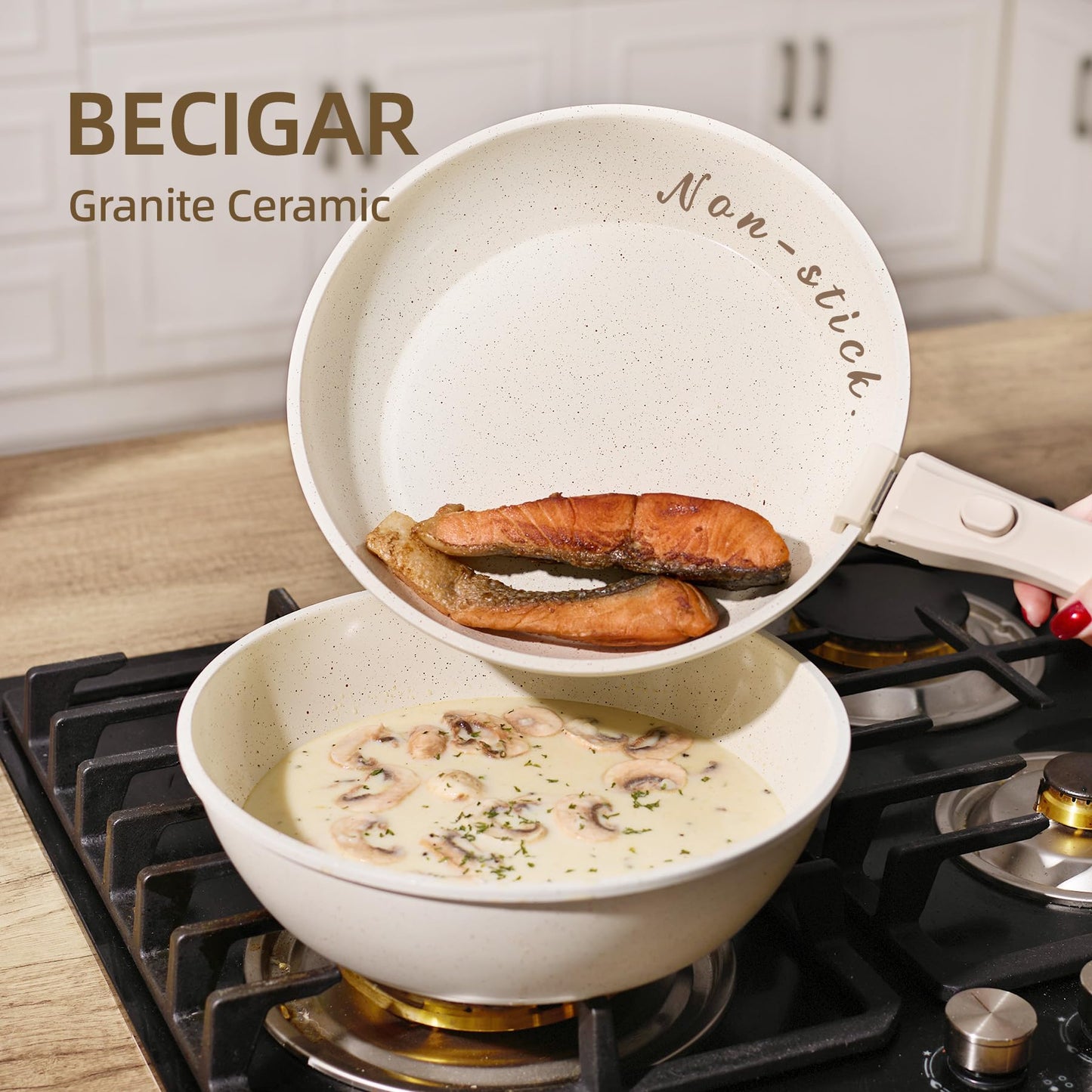 BECIGAR 8pcs Ceramic Pots and Pans Set, Non Stick Cookware Set, Detachable Handle Cookware, Induction Kitchen Cooking Set with Removable Handle,Oven Safe, Induction Fast, Stackable Cookware Set