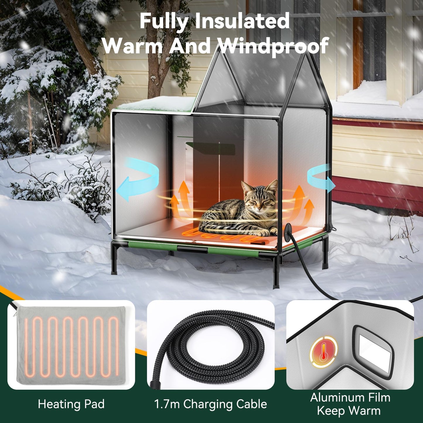 Pawaboo Heated Cat House for Outdoor in Winter, Weatherproof Cats Shelter for Outside with Waterproof Awning & Elevated Base, Insulated Outdoor Cats House with Heater for Feral Barn Cat