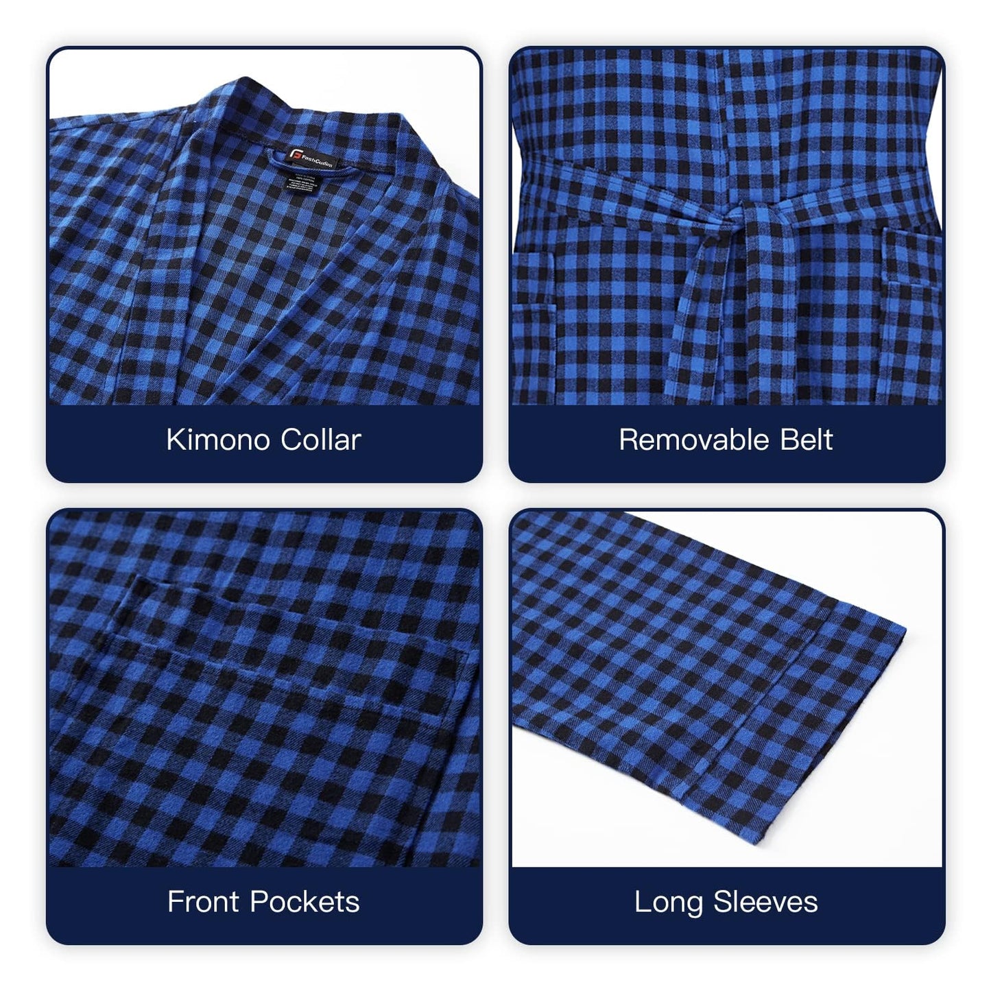 FashGudim Mens Buffalo Plaid 100% Cotton Flannel Shawl Collar Robe Lightweight Full Length Bathrobe Loungewear House Robes, Black/Blue, Large-X-Large Big Tall