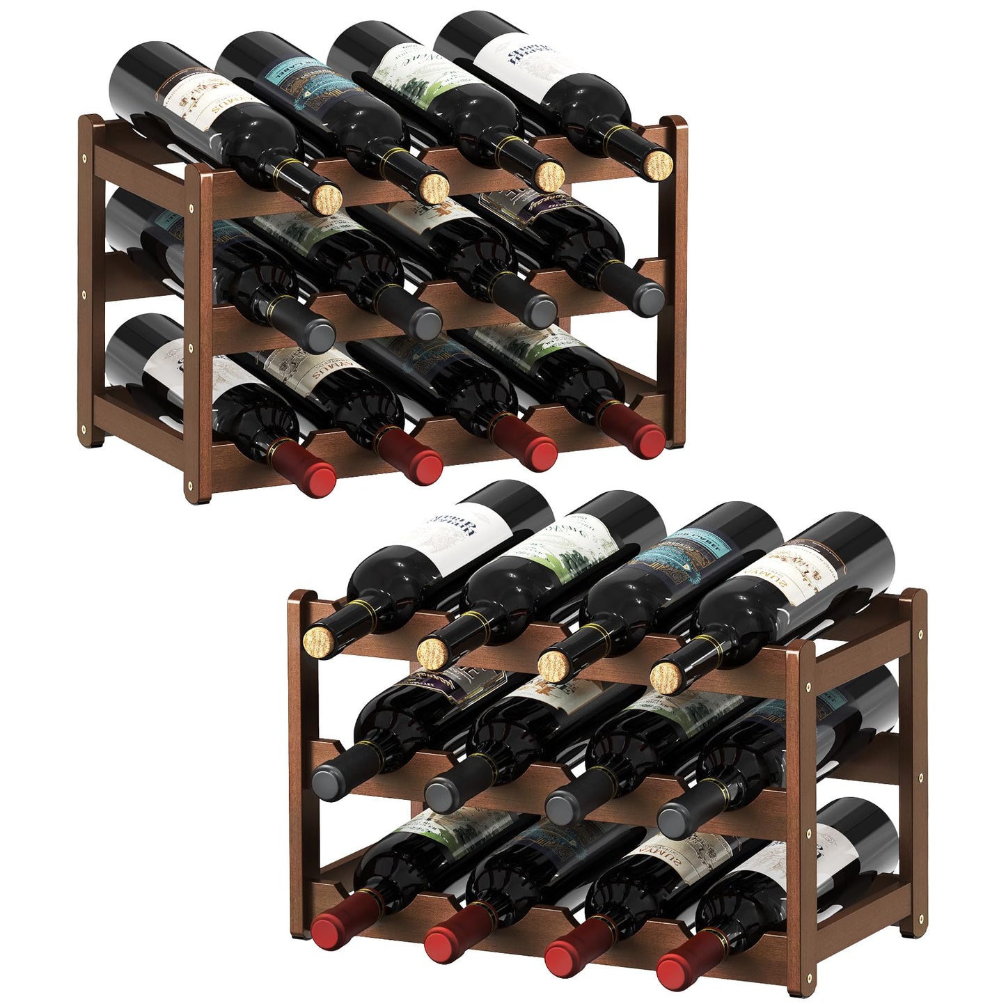 CAMOAT Wine Rack | 3-Tier Bamboo Wine Rack Organizer | Freestanding Floor & Countertop Wine Holder for 12 Bottles | Sturdy Wine Shelf | Perfect for Kitchen,Cabinets,Home Bar,Wine Storage (2, 3-Tiers)