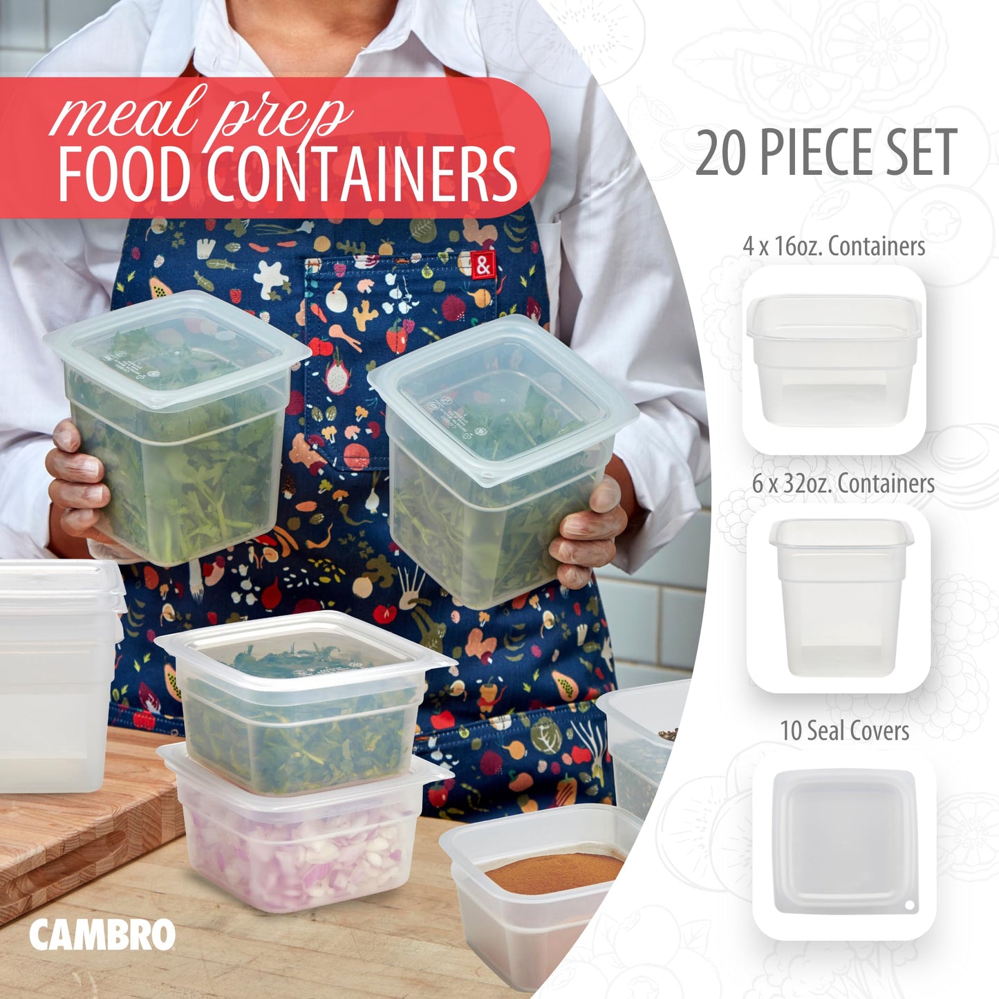 Cambro 16 & 32 OZ (Ounce) BPA-Free Meal Prep Food Storage Containers with Lids - 20 Piece Set - Translucent