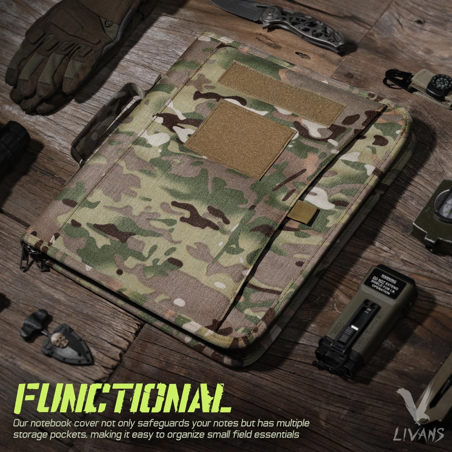 LIVANS Tactical Notebook Portfolio Padfolio Ring Binder with Zipper Army Military Notebook Planner Contains 25 Sheets A4 Letter Paper and Detachable 3-Ring Binder Multi-Storage Handle Bag for Out-work