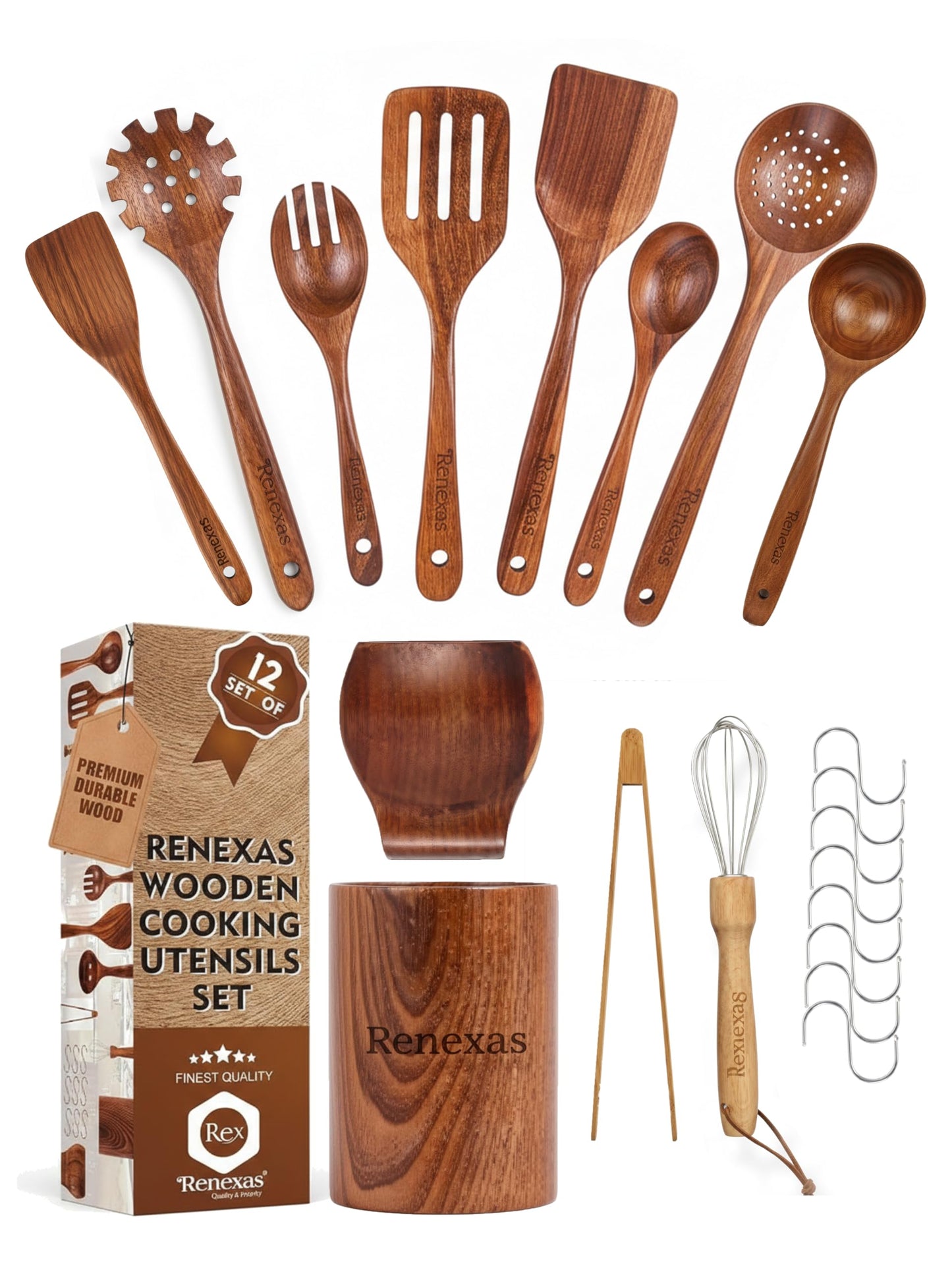 Renexas 12 Pcs Wooden Spoons for Cooking Utensils, Natural Teak Wooden Cooking Spoons with Nonstick Spatula Set, Bamboo Kitchen Utensils with Holder, Wood Spoon Set for Kitchen Essentials (12)
