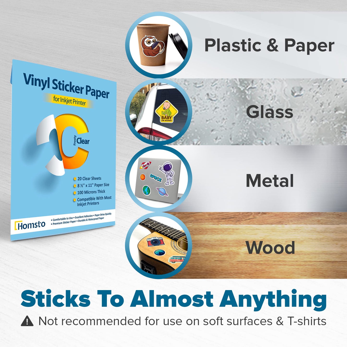 Homsto Vinyl Sticker Paper, Frosty Clear Printable Vinyl Sticker Paper for Inkjet Printer, Quick-Drying, Water and Scratch-Resistant, Self-Adhesive for Most Surfaces, 8.5 x 11 Inches
