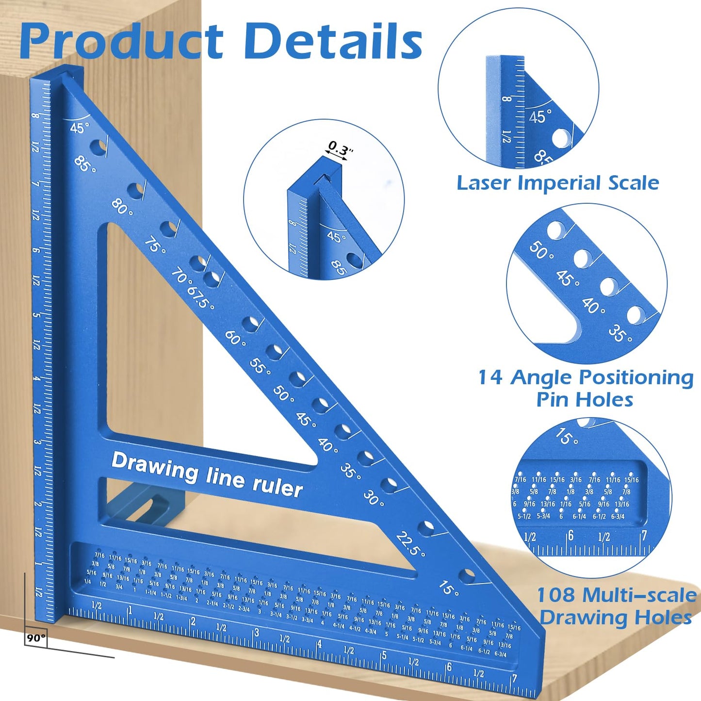 Aiwons 8.5inch 3D Multi-Angle Measuring Ruler -Large Precision Woodworking 3D Square Protractor 15-90 Degree and Miter Triangle Ruler - Aluminum Alloy Drawing Line Ruler for Engineer Carpenter Blue