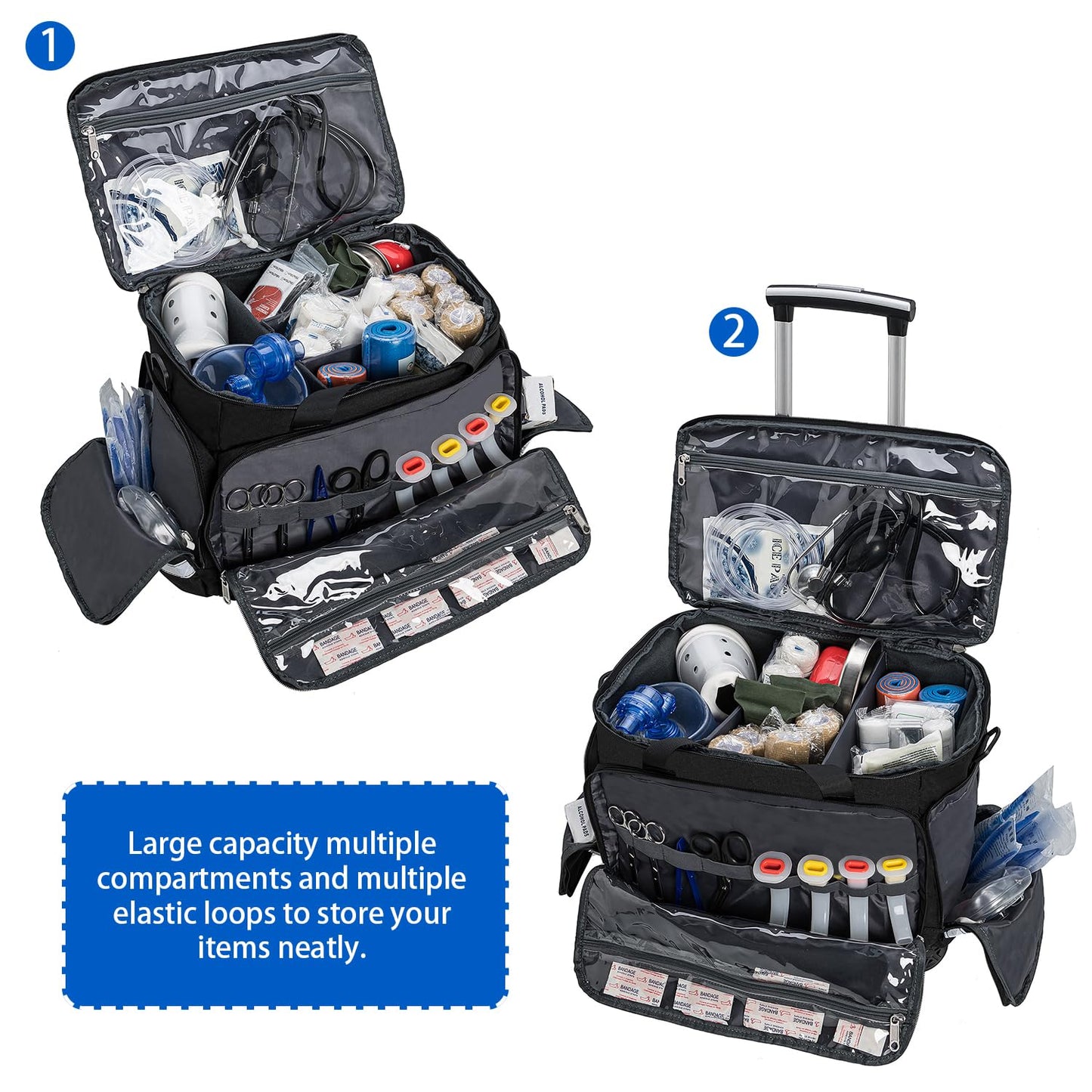 Gatycallaty Medical Trolley Bag with Wheels EMT EMS First Responder Nurse Home Health Bag Homecare Physician Traveling Field Trips Camping Hiking Scout Troop with Compartments Removable (Black)