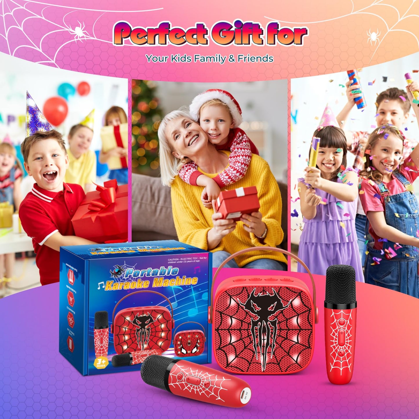 Spider Mini Karaoke Machine with 2 Mic, vicia 3 4 5 6 7 8 Year Old Boy Gifts Karaoke Microphone for Kids Toys for 4-6 6-8 8-12 Year Old Boys Christmas Birthday Gifts for Boys Girls Man Adult