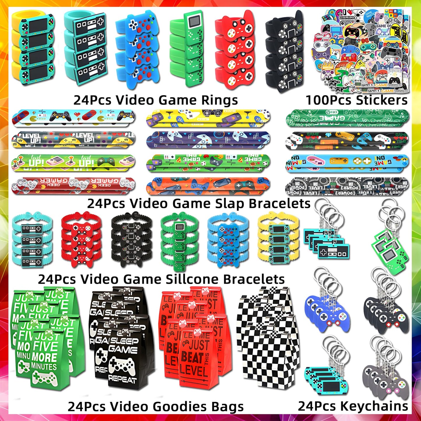 24 sets of Video Game Party Favors, 220 Pcs Gamer party Favors - Gaming Birthday Goodie Bags Included Gift Bags, Game Keychain, Slap Bracelet, Stickers, Ring, Hand Strap for Gaming Kids