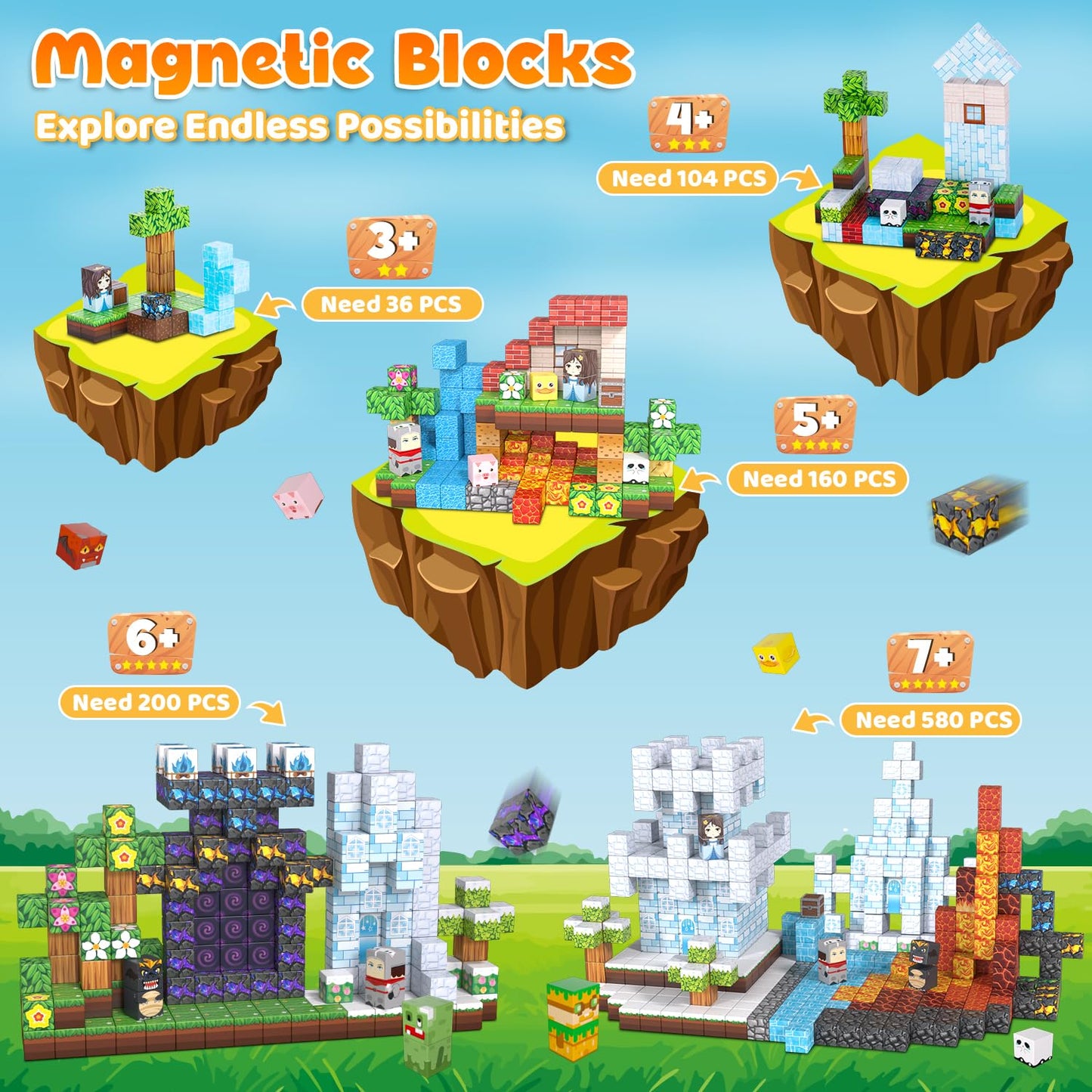 200PCS Magnetic Blocks with Magnet Board, Magnetic Building Block Cube Toys for Kids, STEM Toys Gifts for Boy and Girls Age 3+ Years Old