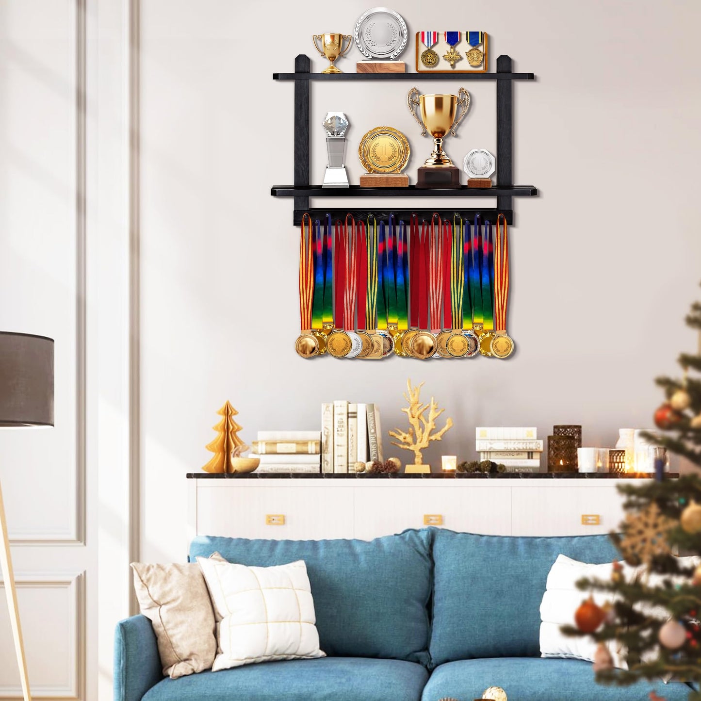 Lavievert Wooden Medal Hanger & Trophy Shelf, Wall-Mounted Race Medal Display with 2 Tier Storage Shelf, Medal Holder Trophy Rack with 19 Hanging Bars - Black