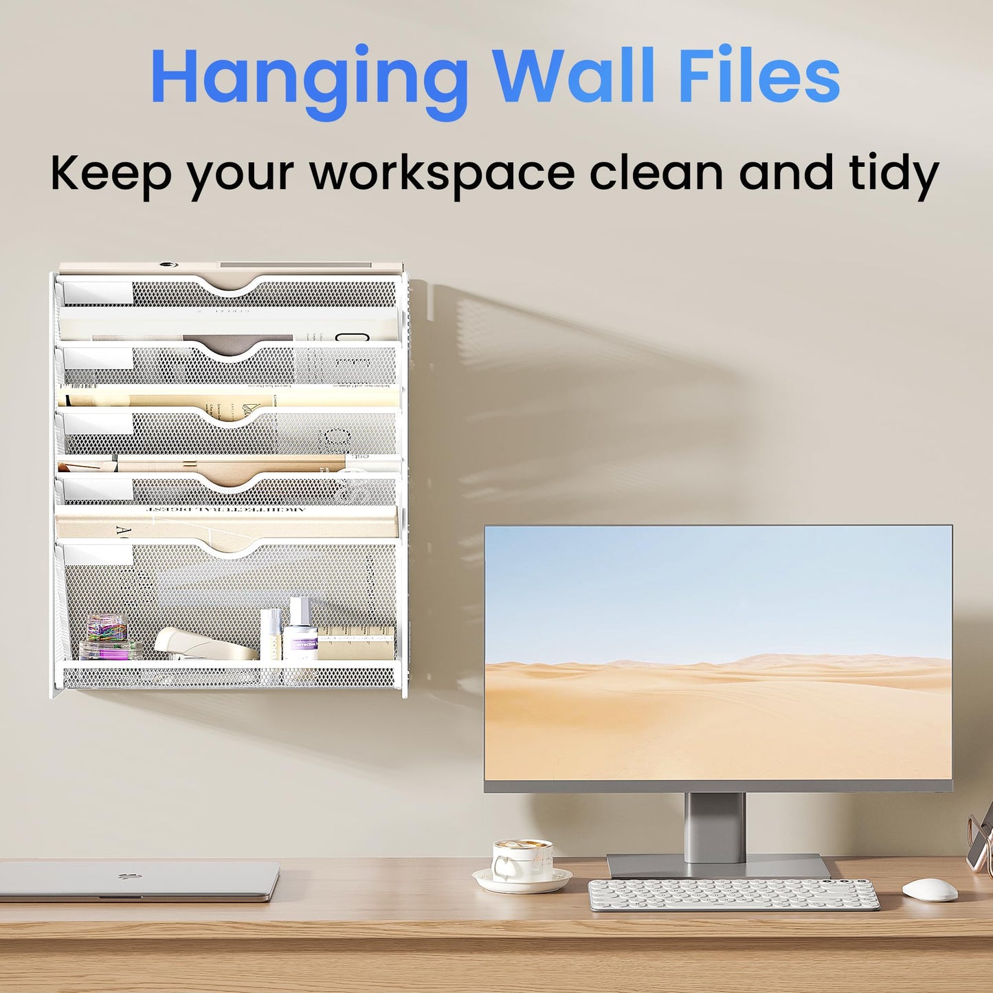 SUBEKYU 6-Tier A4 Wall Mounted File Organiser, Magazine File Holder for Mails Folders Papers, Vertical Document Organiser for Office Home, Metal Mesh - White