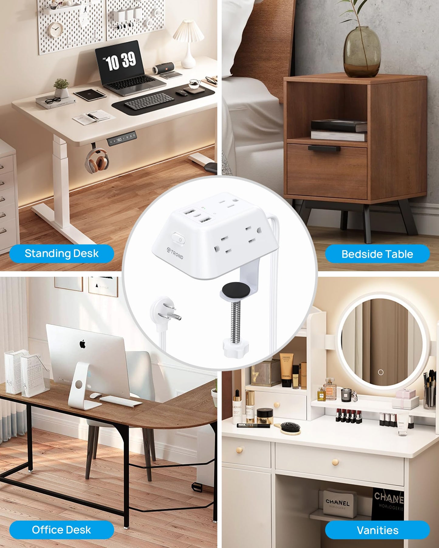 TROND Desk Clamp Power Bar Surge Protector with USB C Ports, Power Strip Charging Station with 5 Outlets, 6ft Slim Flat Plug Extension Cord Indoor, Fit 1.97" Tabletop Edge for Home Office Dorm, White