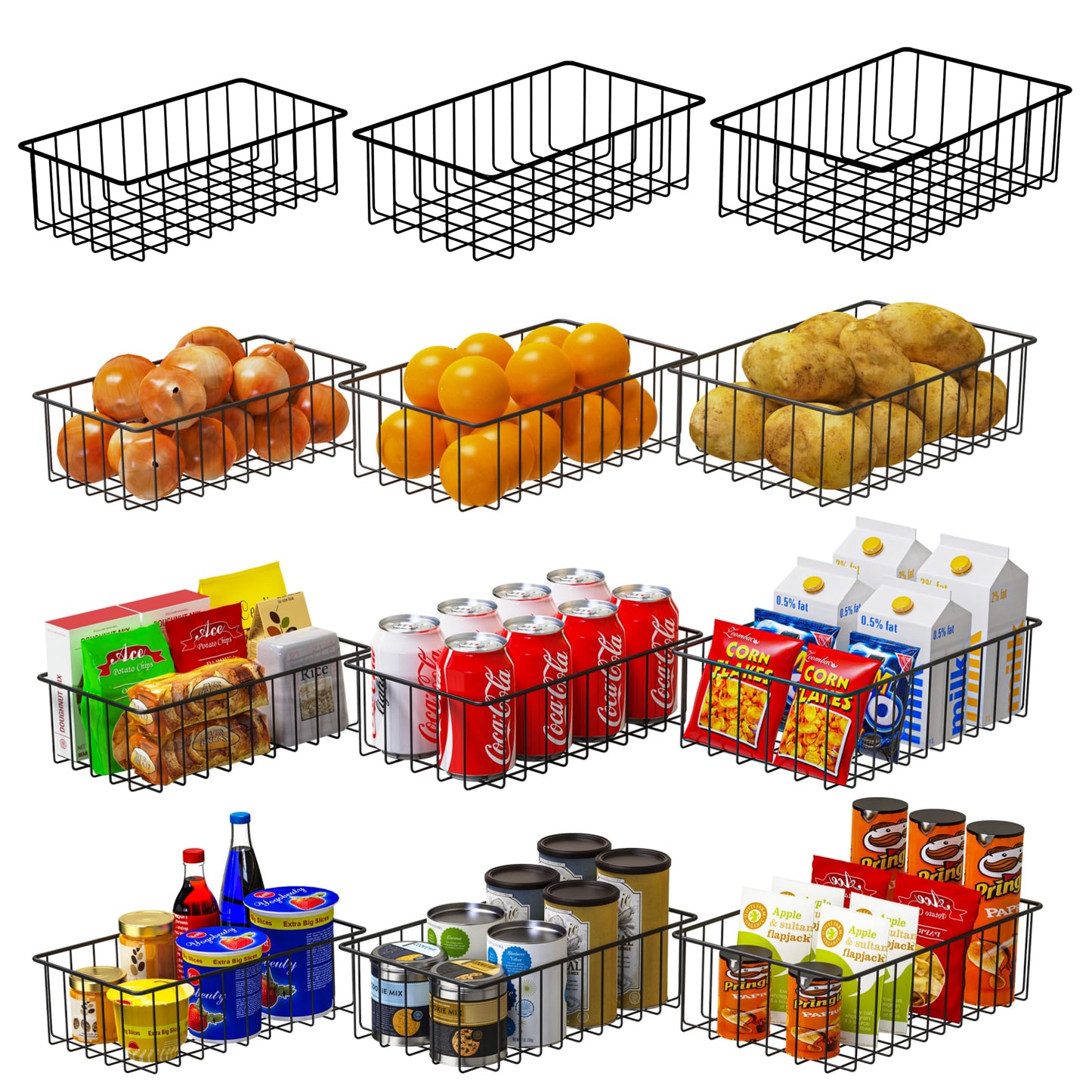 12 Pack (3 Szie) Small Wire Storage Baskets for Organizing,Pantry Organization Bins for Cabinets, Metal Basket for Kitchen, Bathroom Countertop,Freezer Organizer(Black)