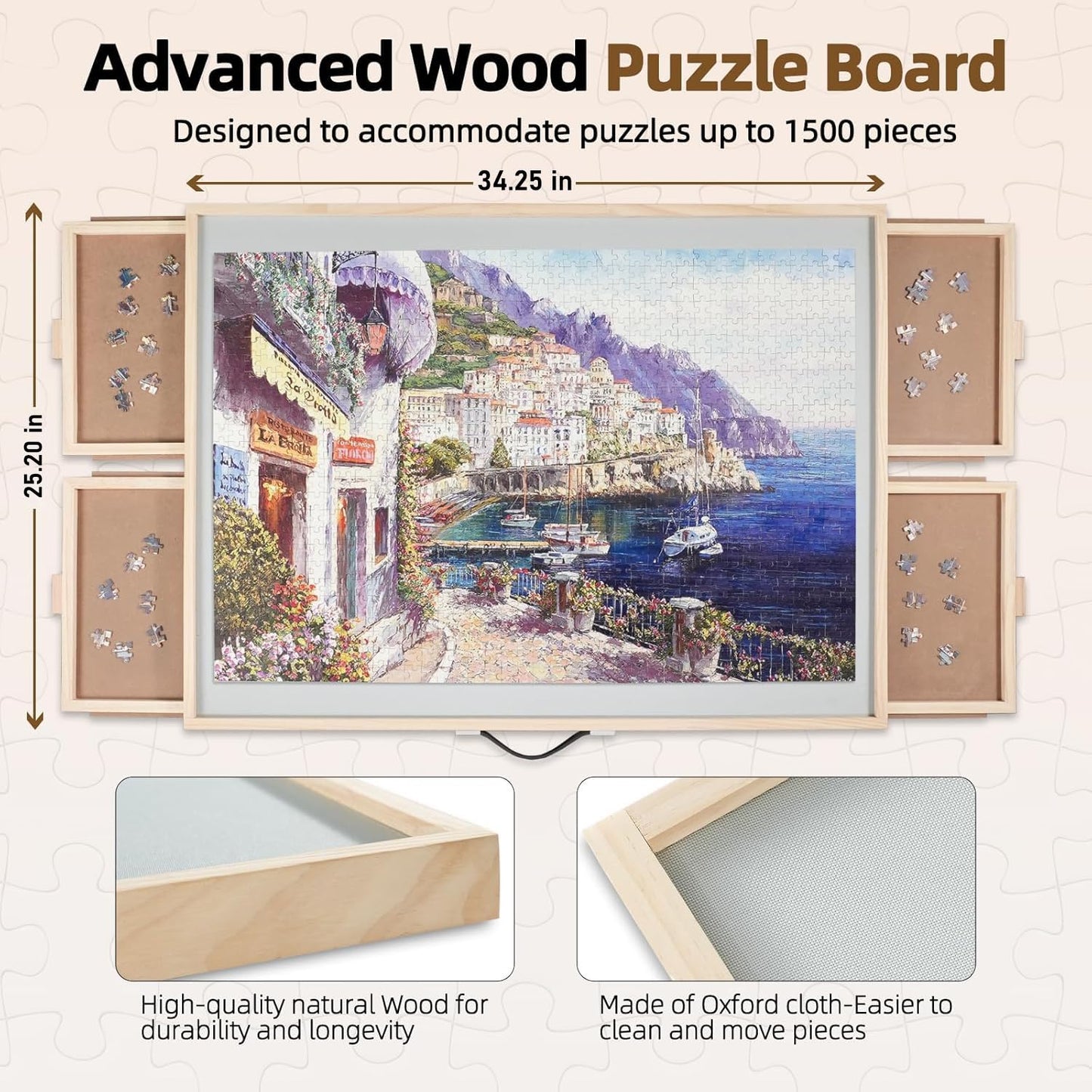 ALL4JIG 1500 Pieces 2-in-1 Tilting & Rotating Puzzle Board for Adults Gifts, Wooden Jigsaw Puzzle Table with 4 Drawers, Portable Puzzle Table with Lazy Susan and Cover, 26.4" x 34.4"