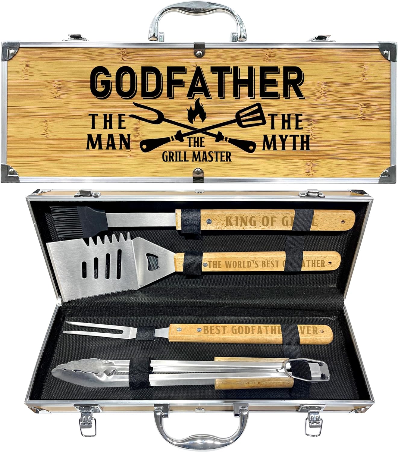 Godfather Gift, Fathers Day for Godfather Heavy Duty Wooden BBQ Grilling Accessories Kit for Backyard, Thick Stainless Steel Grill Utensils with Non-Slip Handle Tools in Portable Bag Birthday