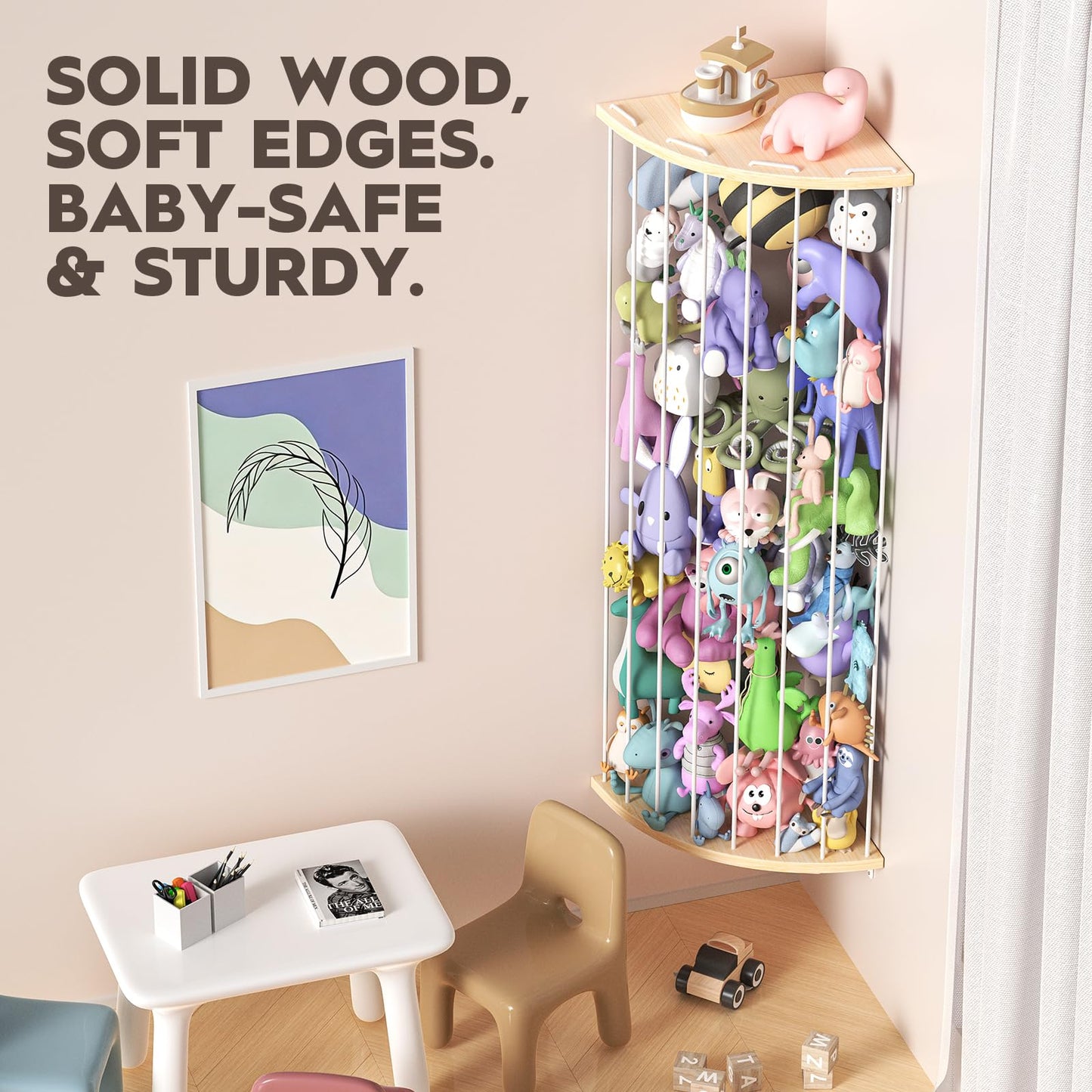 Zayysoha Stuffed Animal Storage Wood Corner Toy Plush Storage Hammock Hanging Storage Net, Toy Organizer Shelf for Nursery Playroom Bedroom Kid Room