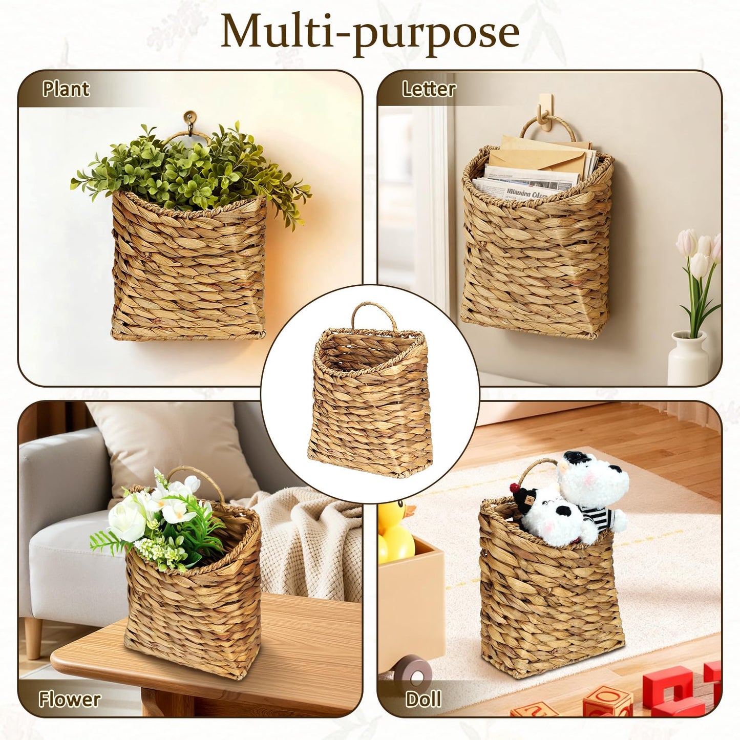 Mounting UP Woven Hanging Basket Water Hyacinth Hanging Basket for Wall Wicker Handmade Storage Flower Baskets for Garden Farmhouse Home Deco