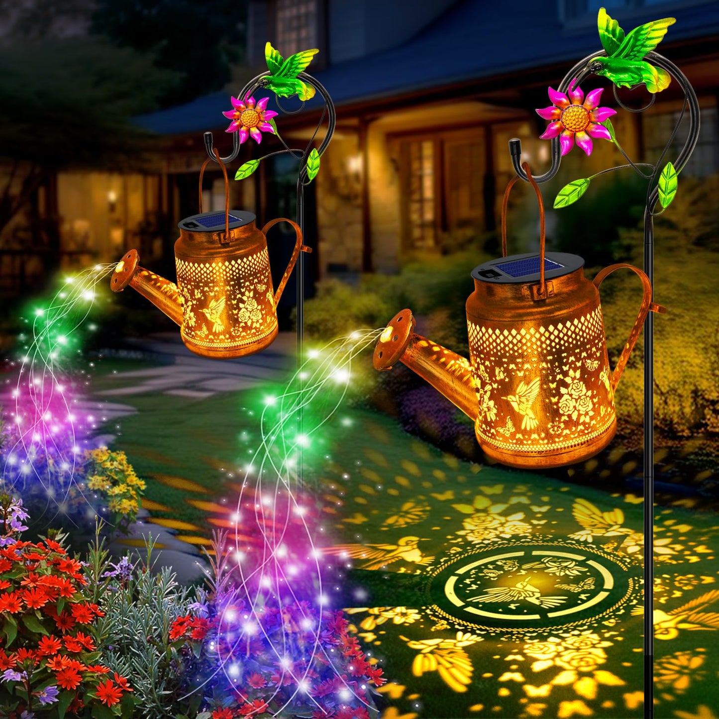 2 Pack Solar Lanterns Outdoor Waterproof,Hummingbird Watering Can Garden Decor,Hanging Solar Path Lights Yard Art,Outside Patio Decorations Gardening Birthday Gifts for Mom Grandma Women (with Hook)