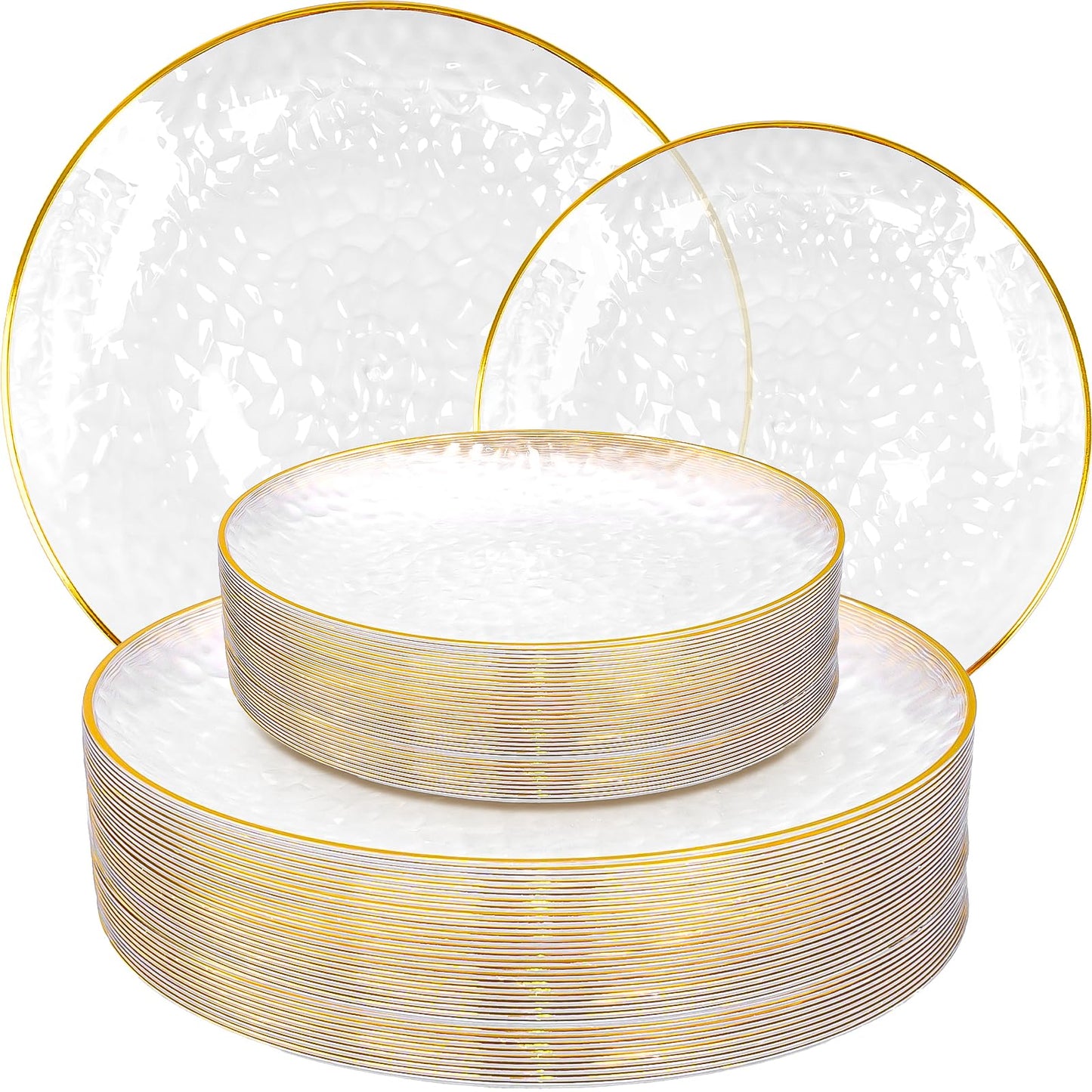 100Pcs Clear Gold Plastic Plates, Clear Disposable Plate with Gold Rim, Heavy-Duty Hammered Plastic Plates for Party Wedding