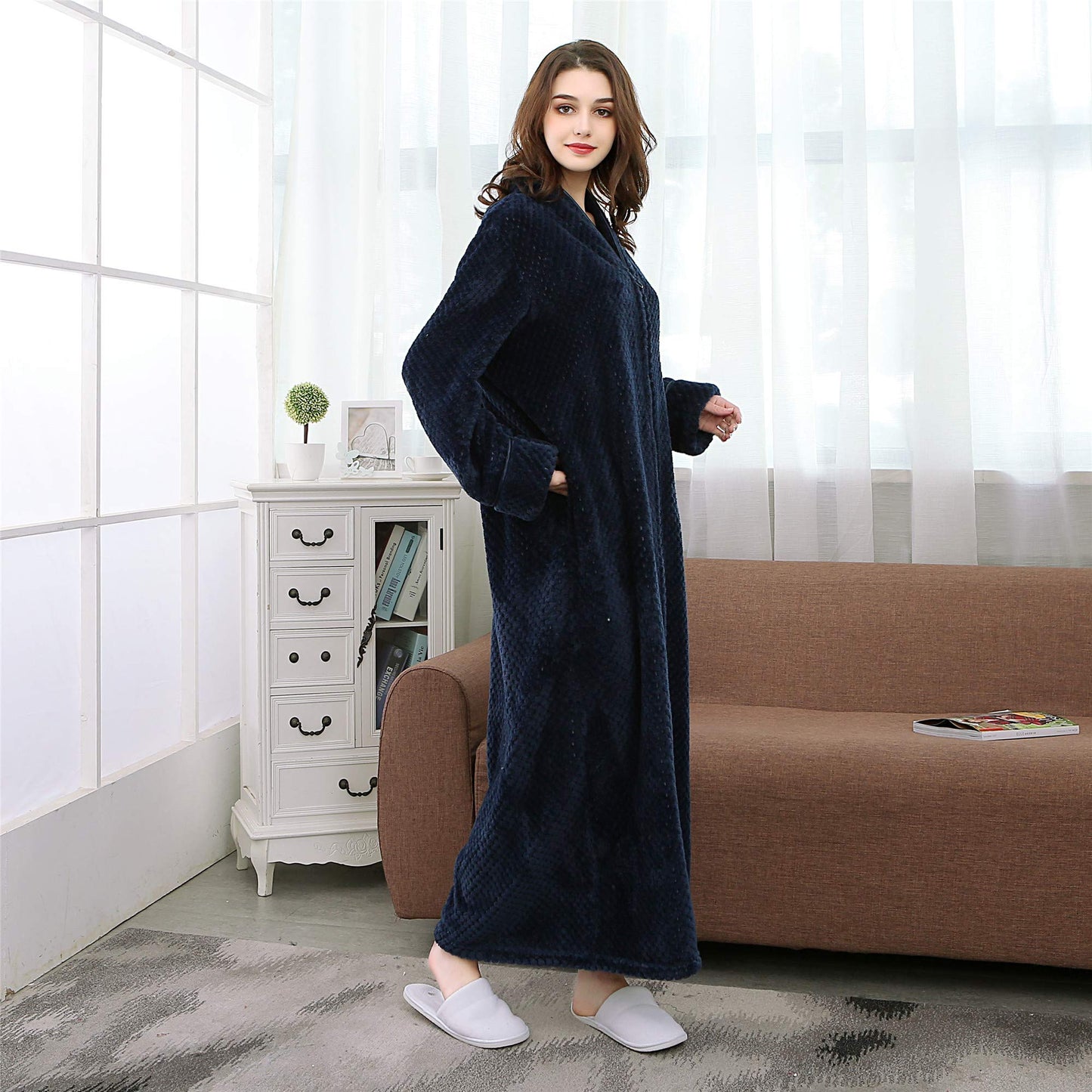 BIFINI Unisex Luxury Sherpa Bathrobe Full Length Zip Up Housecoat Sleepwear Navy XL
