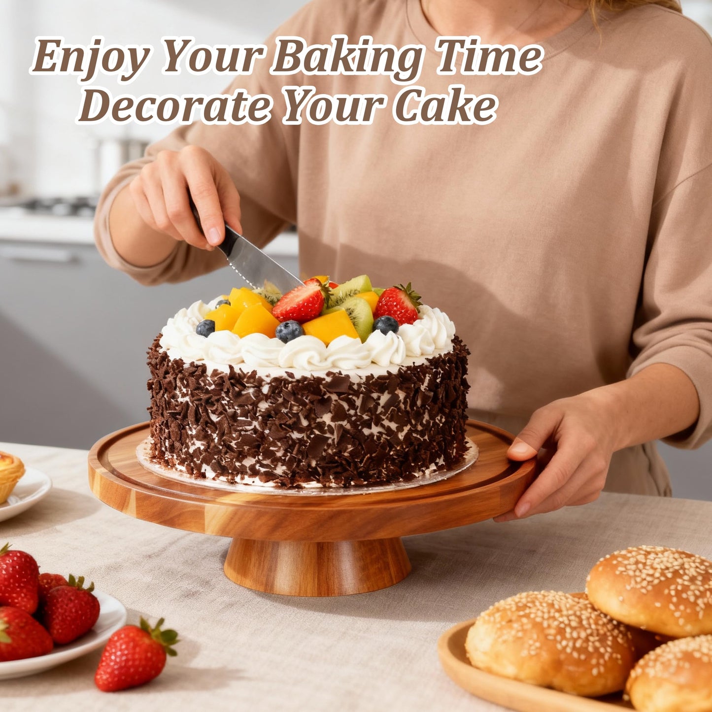 VALESKA Acacia Wood Cake Stand with Dome Lid, 2-in-1 Dessert Table Display Set & Charcuterie Board with 12In Acrylic Lid, Serving Platter, Fruit Platter, Cake Plate
