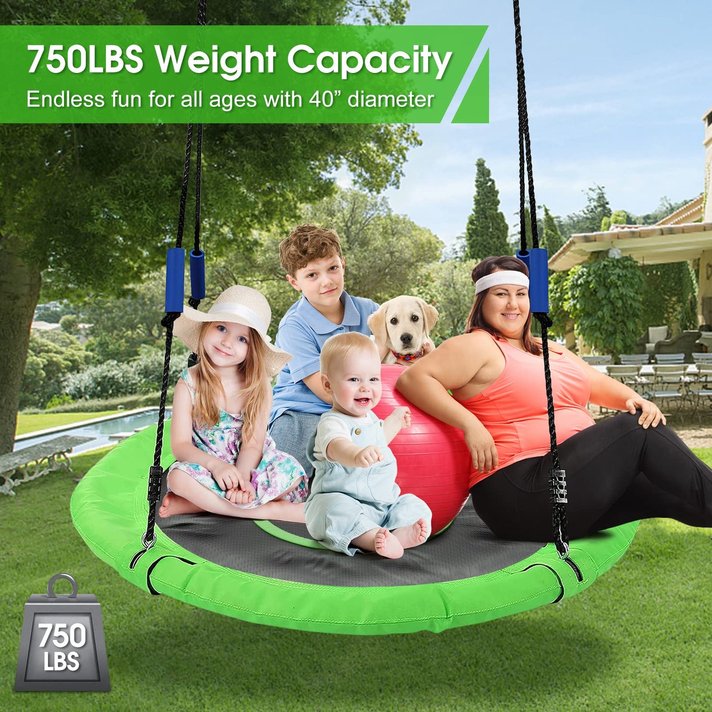 40 Inch Flying Saucer Tree Swing for Kids Adults,Round Indoor/Outdoor Swing Set with Hanging Strap Kit,Circle Swing with Steel Frame & Adjustable Rope,Easy to Install&750lb Weight Capacity