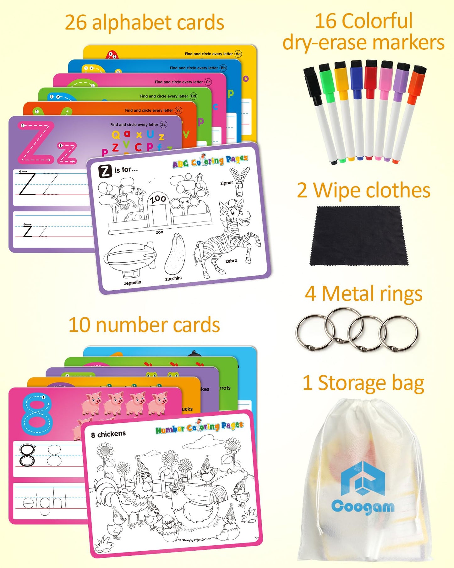 Coogam Handwriting Drawing Practice Cards, 36pcs Alphabet Number Painting Coloring with Pens, Double Sided Write and Wipe Tracing Flashcards, Educational Montessori Toy Gift for 3 4 5 Year Old Kids
