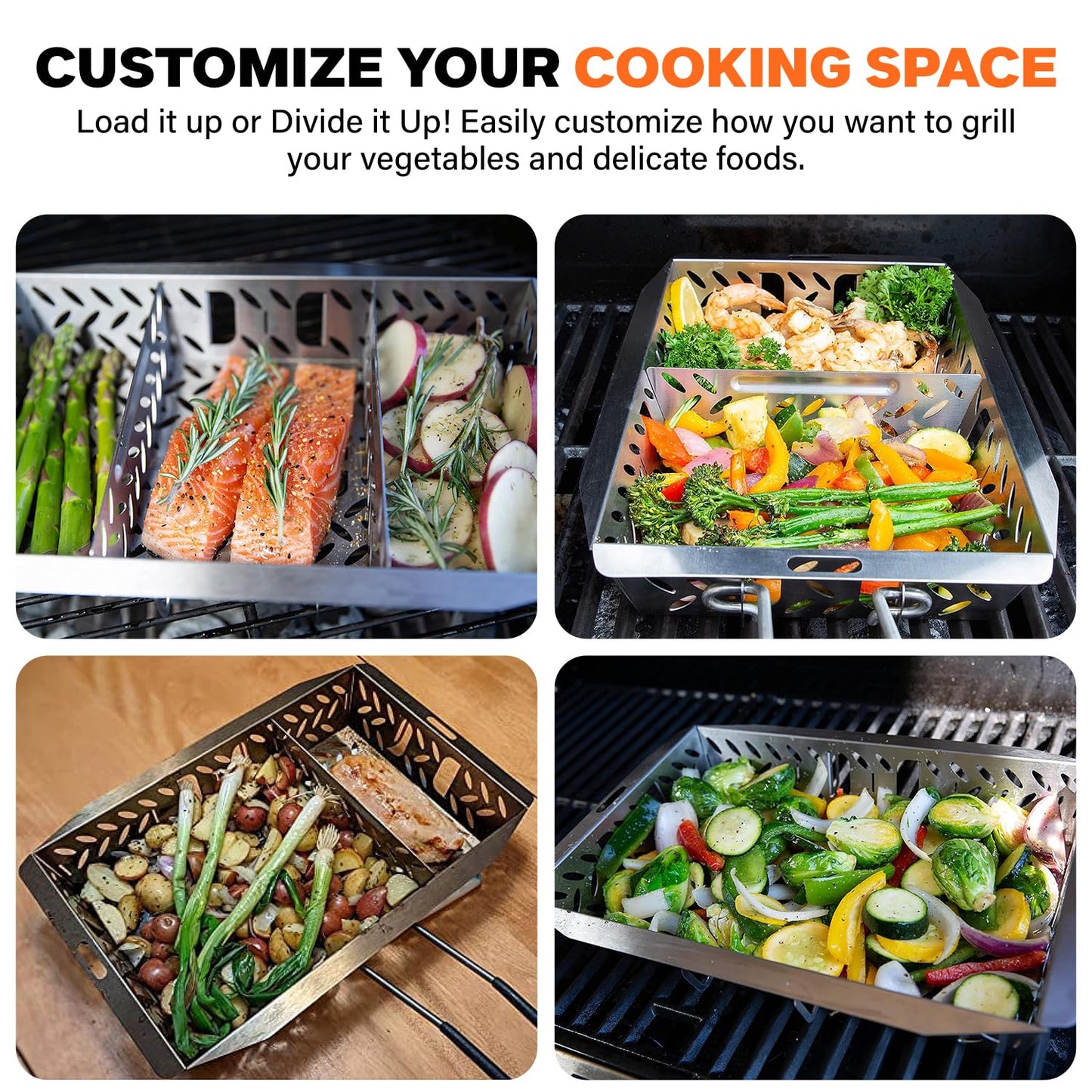 Proud Grill UltraVersatile Stainless Steel Grill Basket - Large BBQ Grill Basket for Grilling Vegetables. Detachable Handle and Movable dividers. Perfect Grill Accessory to Grill Veggies, Fish, Meat.