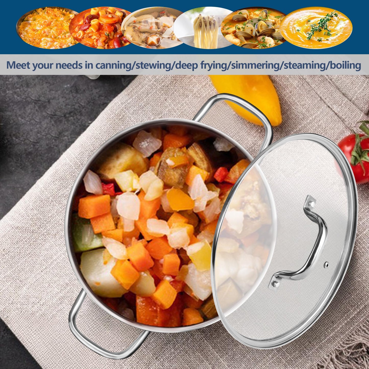 E-far 10 Quart Stainless Steel Stock Pot, Large Cooking Pot with Glass Lid for Soup Canning Stewing Simmering, Heavy Duty Cookware with Triply Base for Induction Gas Ceramic Stoves, Dishwasher Safe