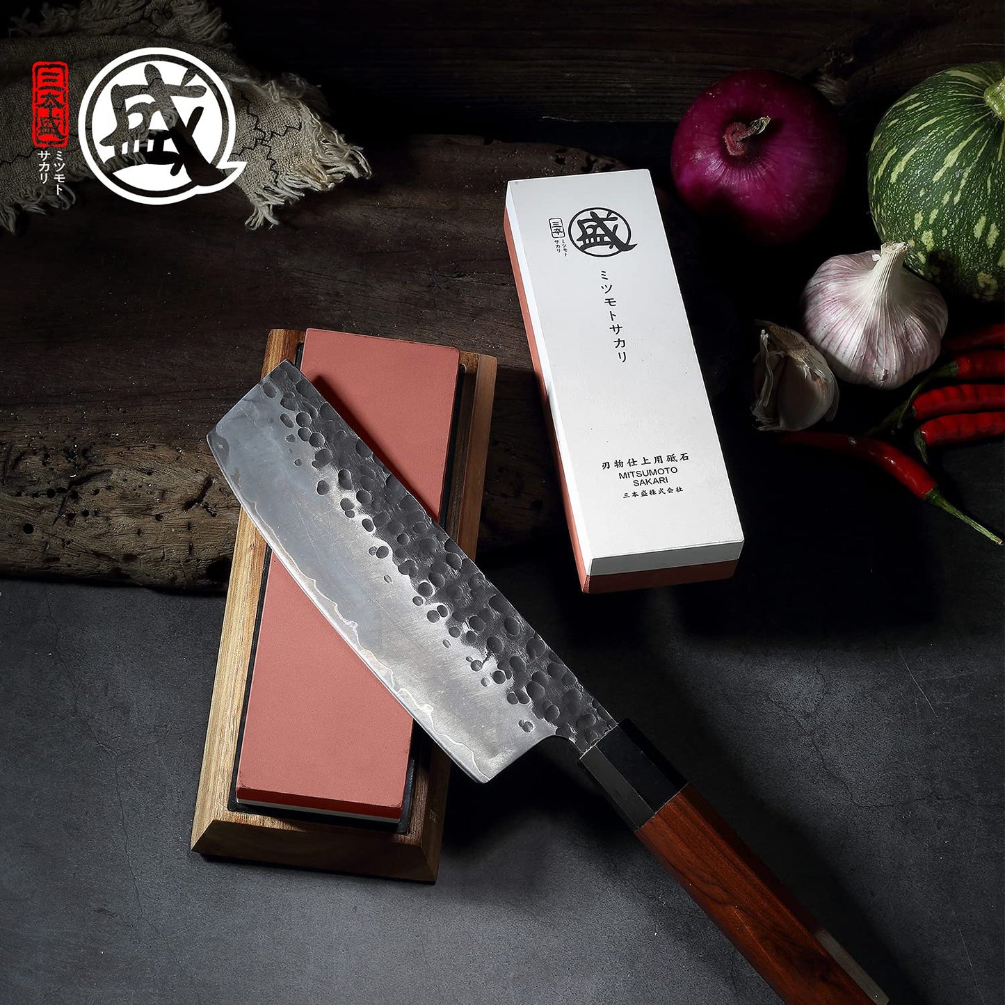 MITSUMOTO SAKARI Japanese Whetstone, Professional Kitchen 1000/3000 Grit 2-Side Sharpener, Knife Sharpening Stone with Non-Slip Wooden Base, Water Stone for Chef Knife, Santoku, Sushi Knife