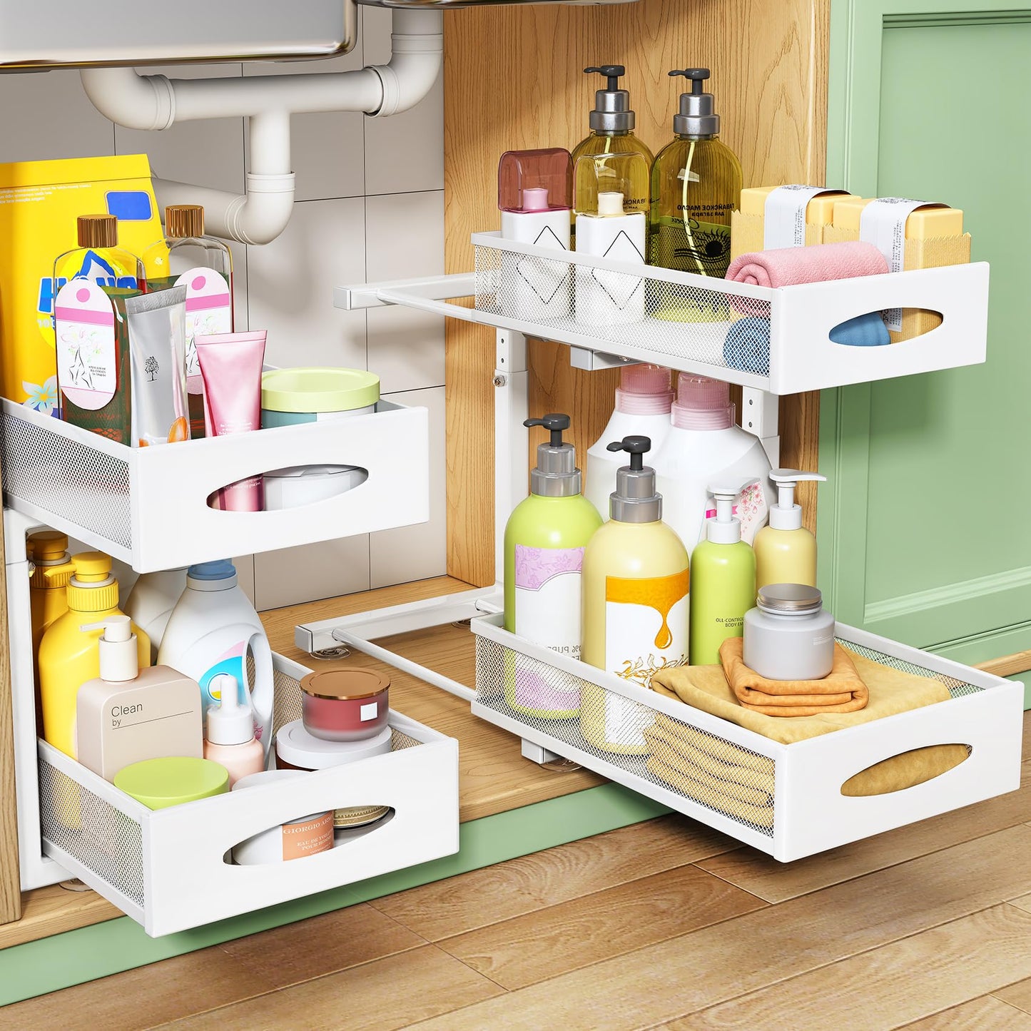 Under Sink Organizer, 2 Tier Pull out Cabinet Organizer Baskets with Mesh Sliding Drawers, Slide out Storage Shelf for Kitchen, Bathroom (2 Pack, White)