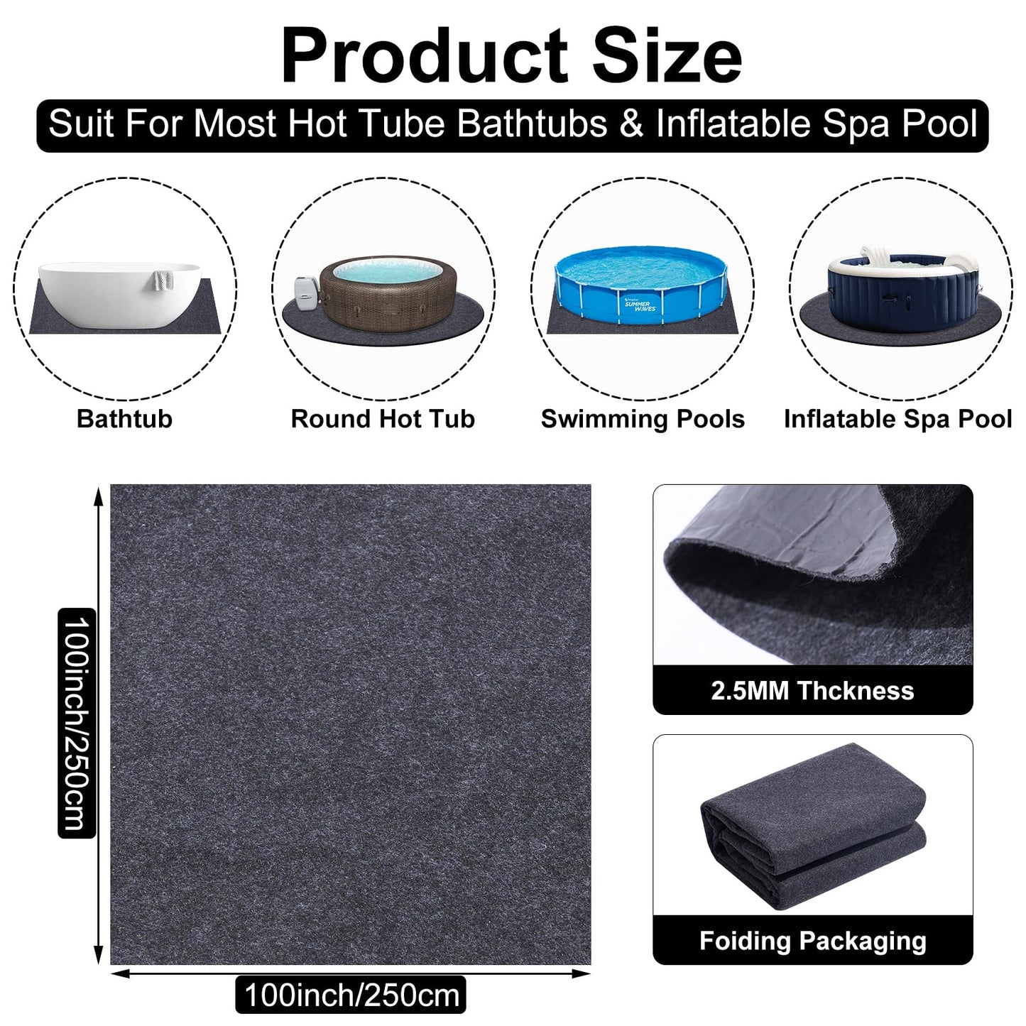 100 Inch Square Hot Tub Mat, ALYCLIP Inflatable Hot Tub Pad Outdoor Waterproof Spa Pool Ground Base Flooring Protector Slip-Proof Backing for Protect Hot Tub Pool from Wear