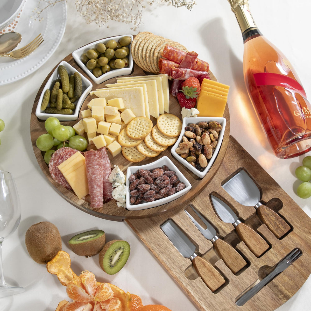 Acacia Cheese Board & Charcuterie Set with Ceramic Bowls – Premium Serving Board for Parties, Weddings, Christmas & Housewarming Gifts (Plain – No Engraving)