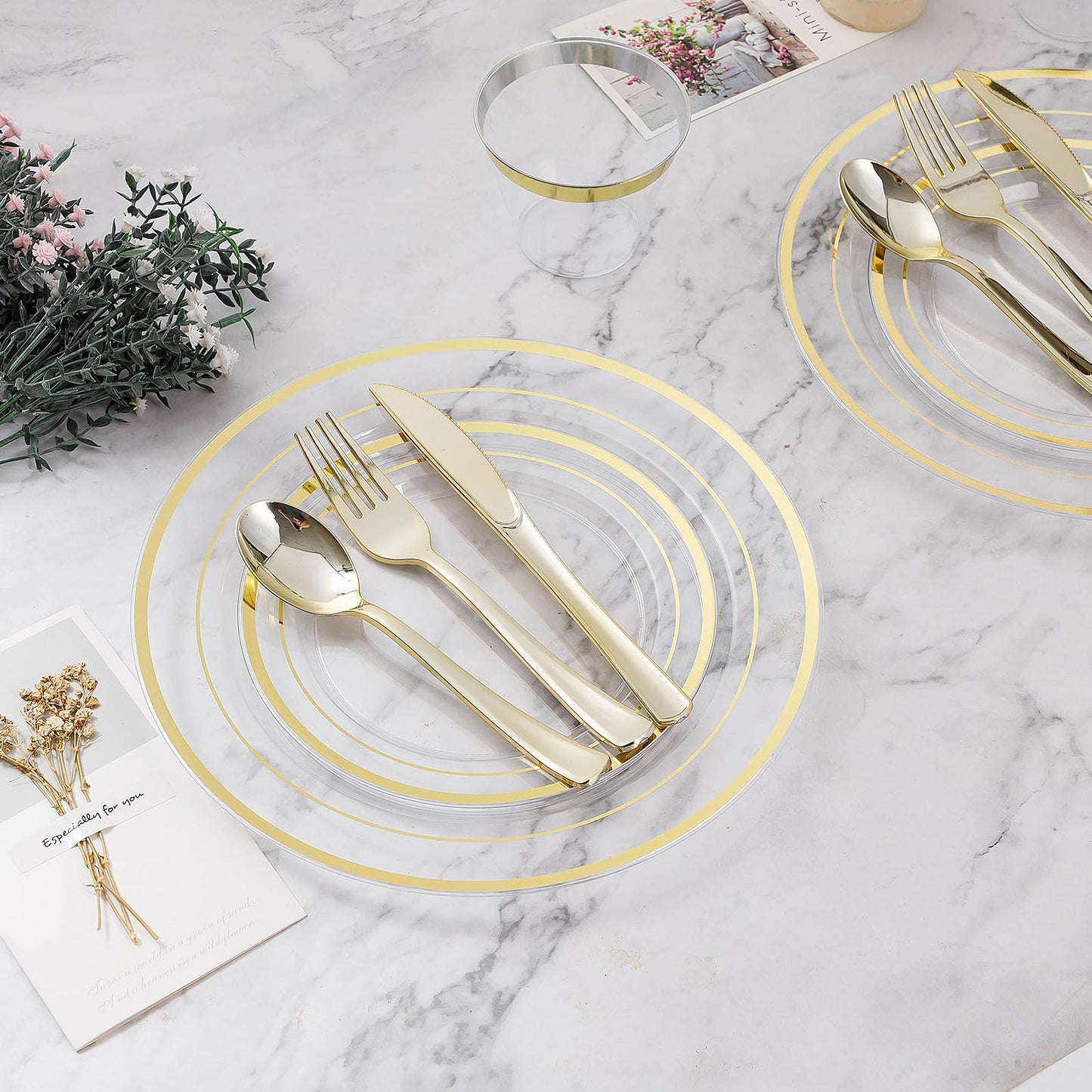 BESTVIP 100PCS Clear Plastic Plates, 10.25 Inch Disposable Dinner Plate Party with Gold Rim, Heavy Duty Disposable Plastic Plates for Party, Wedding and Birthday, Christmas, Thanksgiving