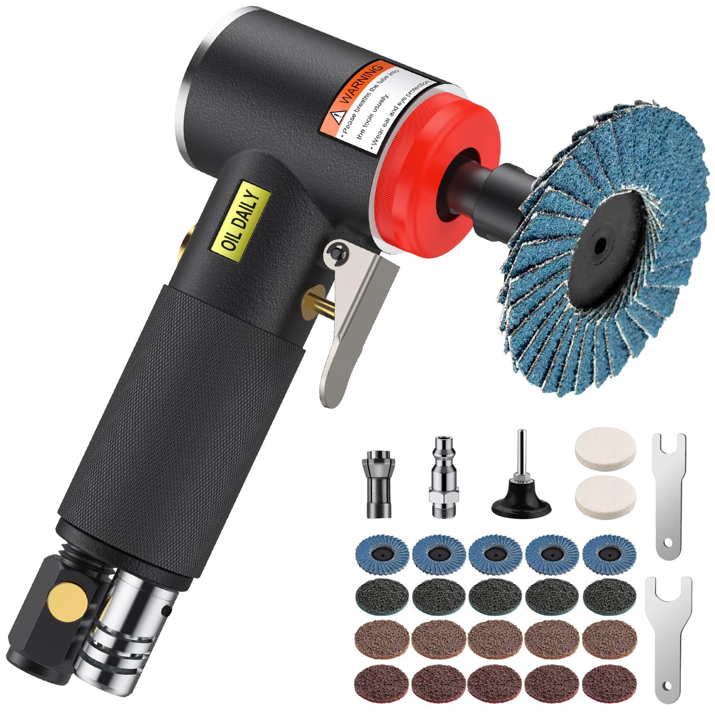 EYPINS Air Angle Grinder,Air Right Angle Die Grinder 1/4" 90 Degree Heavy Duty 20000 RPM Pneumatic Sander Polisher Tool for Contour Grinding, Polishing, Milling, 28PCS