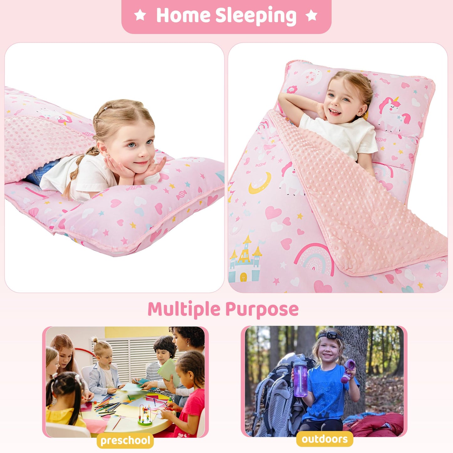 Viviland Toddler Kids Nap Mat for Preschool, Girls Pink Princess Daycare Kindergarten Nap Mat