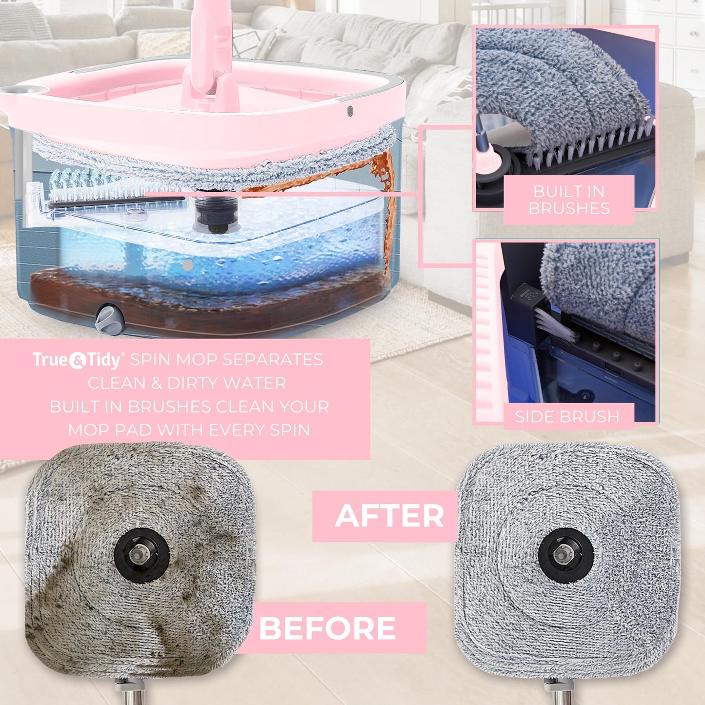True & Tidy® True Clean Mop and Bucket System, Includes Square Spin, Dual Compartment Mop Bucket and 2 Thick Machine Washable Pads New Upgraded with Side Brush & Self Standing Handle, Rose