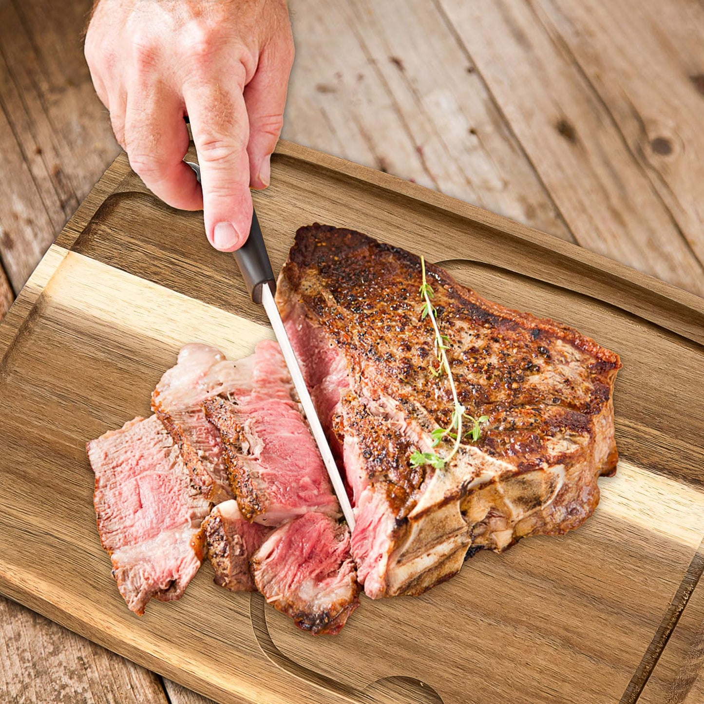 6 Pcs Acacia Wood Steak Plates with Juice Channel, Wooden Steak Board Set, Wood Serving Boards for Serving Steak, Meat, Charcuterie, Appetizer (13 x 11 x 0.6 Inch)