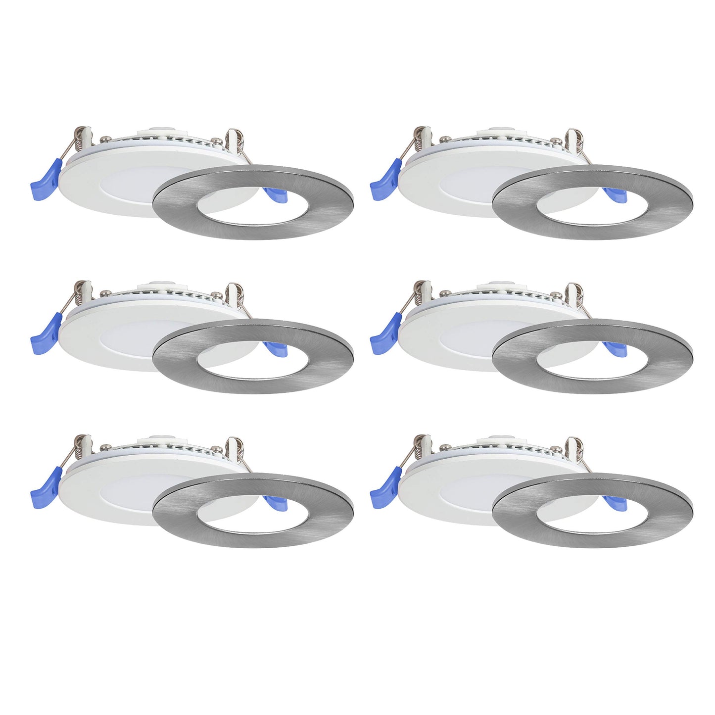 Nadair 3’’ LED Recessed Ultra Slim Lights, 6-Pack, IC Rated, Dimmable, 6W=50W, 450 Lumens, 3000K (Warm White), Large Junction Box, Quick Connect System, White Finish, Brushed Nickel Trim Included
