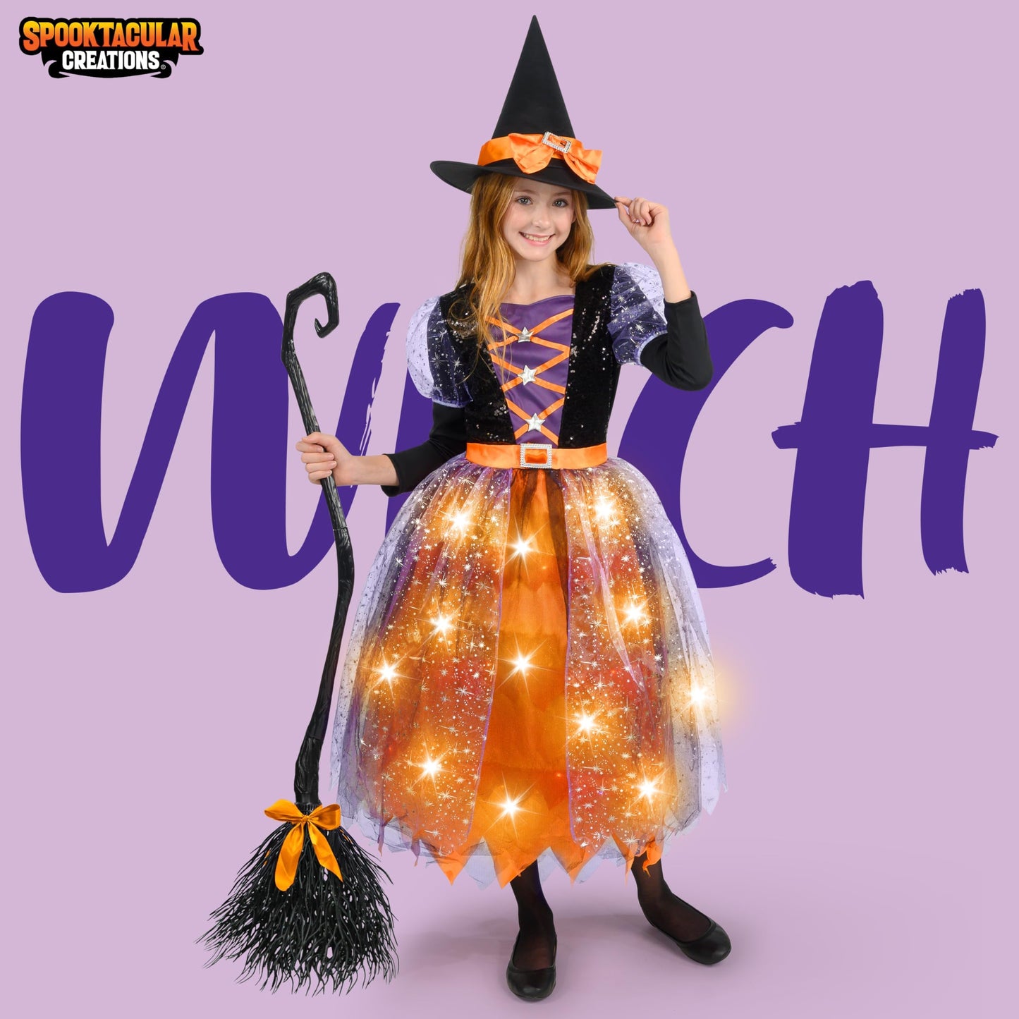 Spooktacular Creations Orange Witch Costume Kids, Light Up Halloween Witch Dress Hat Broom for Girls, Sweet Wizard Set, S