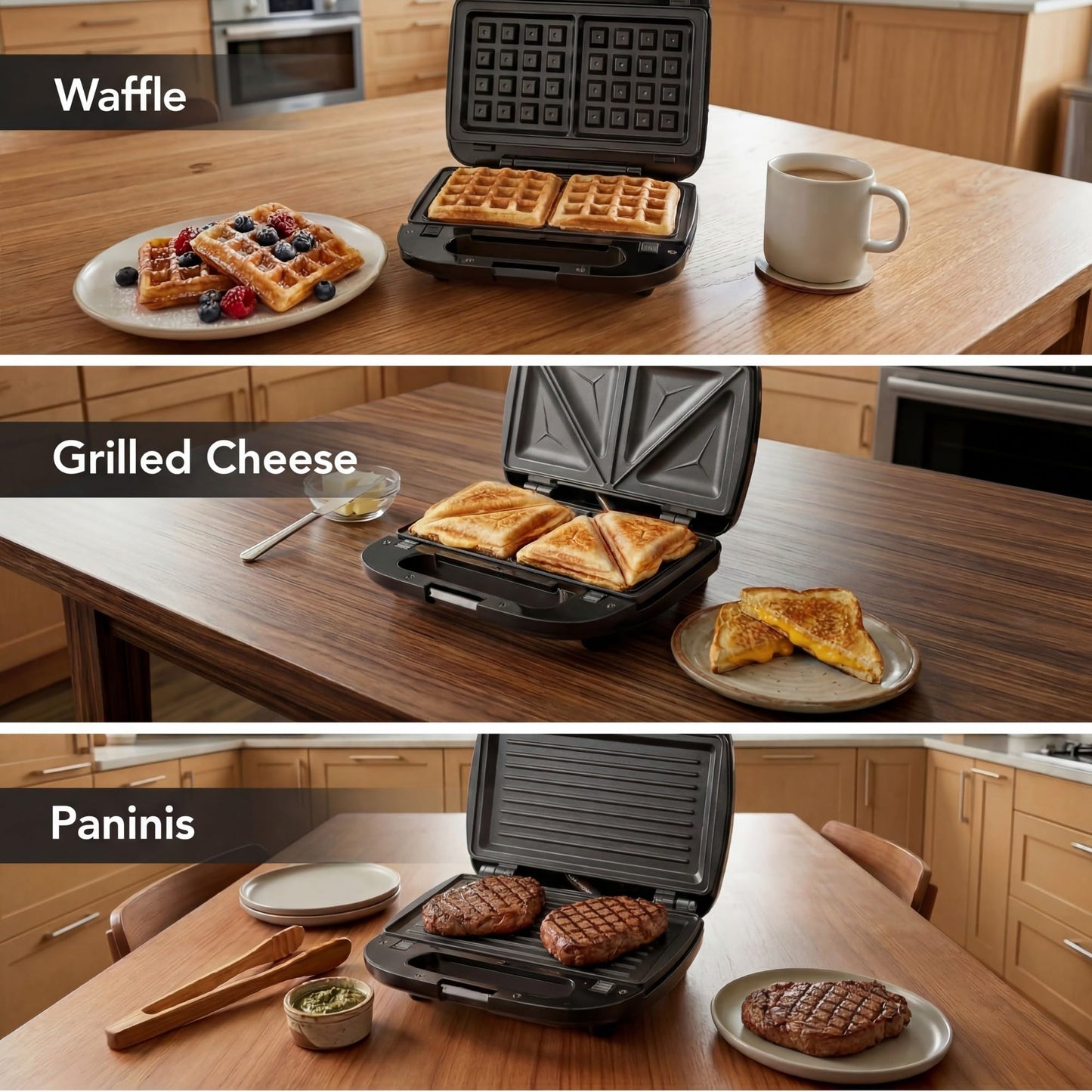 KEINVE 3 in 1 Sandwich Maker & Waffle Maker, Removable Non-Stick Plates, Panini Press, Grilled Cheese Maker, Cool-Touch Handle, LED Light, Easy Clean, 750W, for Home Kitchen Breakfast