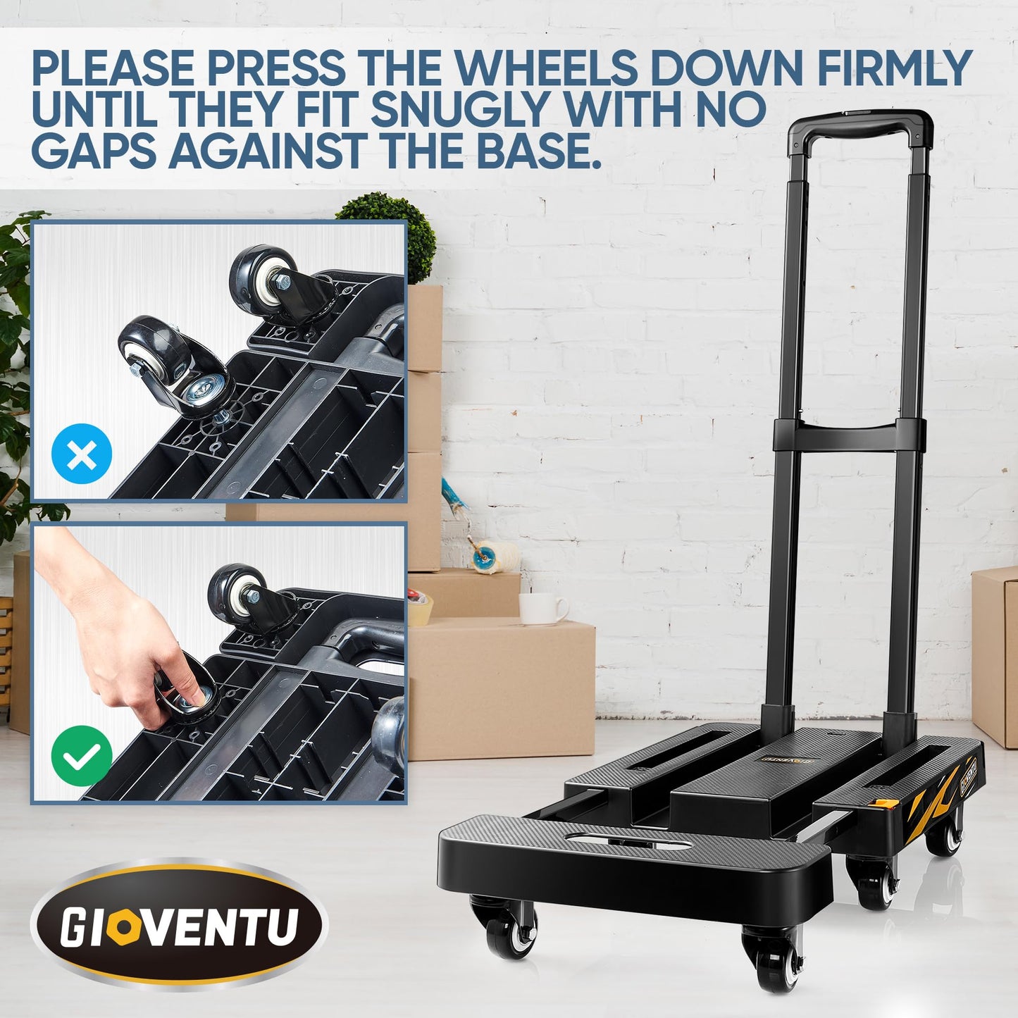 2026 Upgraded Folding Hand Truck Dolly Cart (440LB), Foldable Luggage Cart with 6 TPR Wheels and Lockable Handle, Portable Platform Truck Collapsible Dolly for Moving, Travel, Office Use