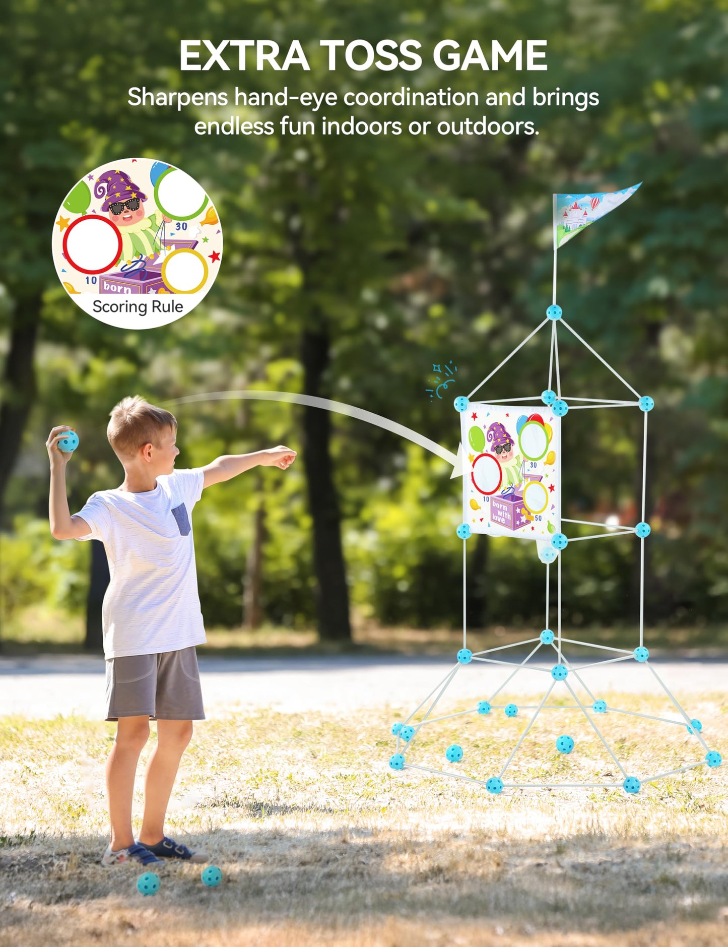 besrey Fort Building Kit for Kids with Toss Game, 144 Pcs 5 in 1 Creative Fort Toy, STEM Construction Toy, Outdoor Play Structure, Kids Outdoor Toys for 3, 4,5,6,7,8,9,10 Years,DIY Play Tent Tunnel