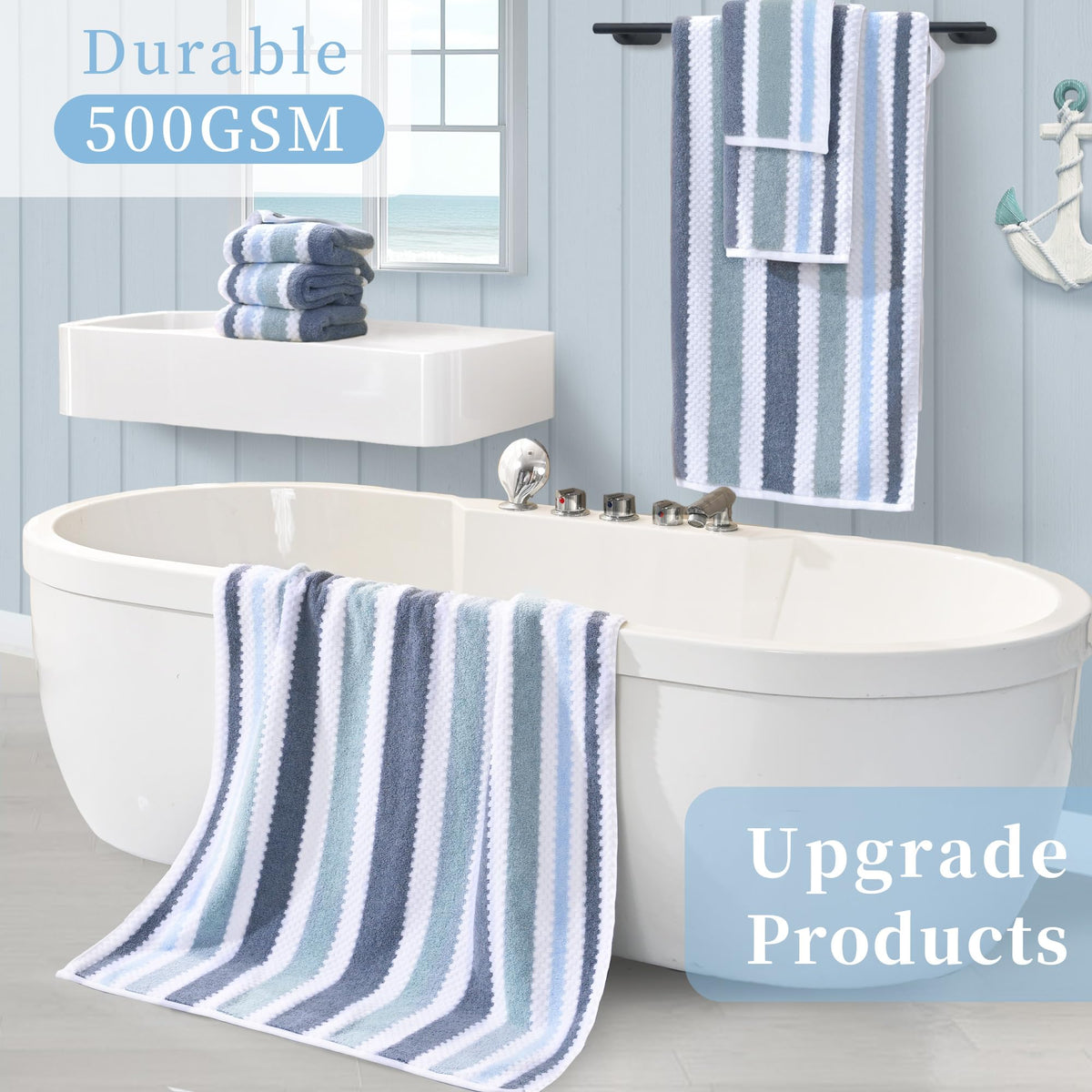 Waffle Hand Towels, 4PC 16"x27" - Cotton Polyester Blend | Quick Dry | Absorbent | Lightweight | Thick | Soft | 540GSM, Striped Hand Towel, Durable Towel for Bathroom, Blue Gray Stripe & White Checker