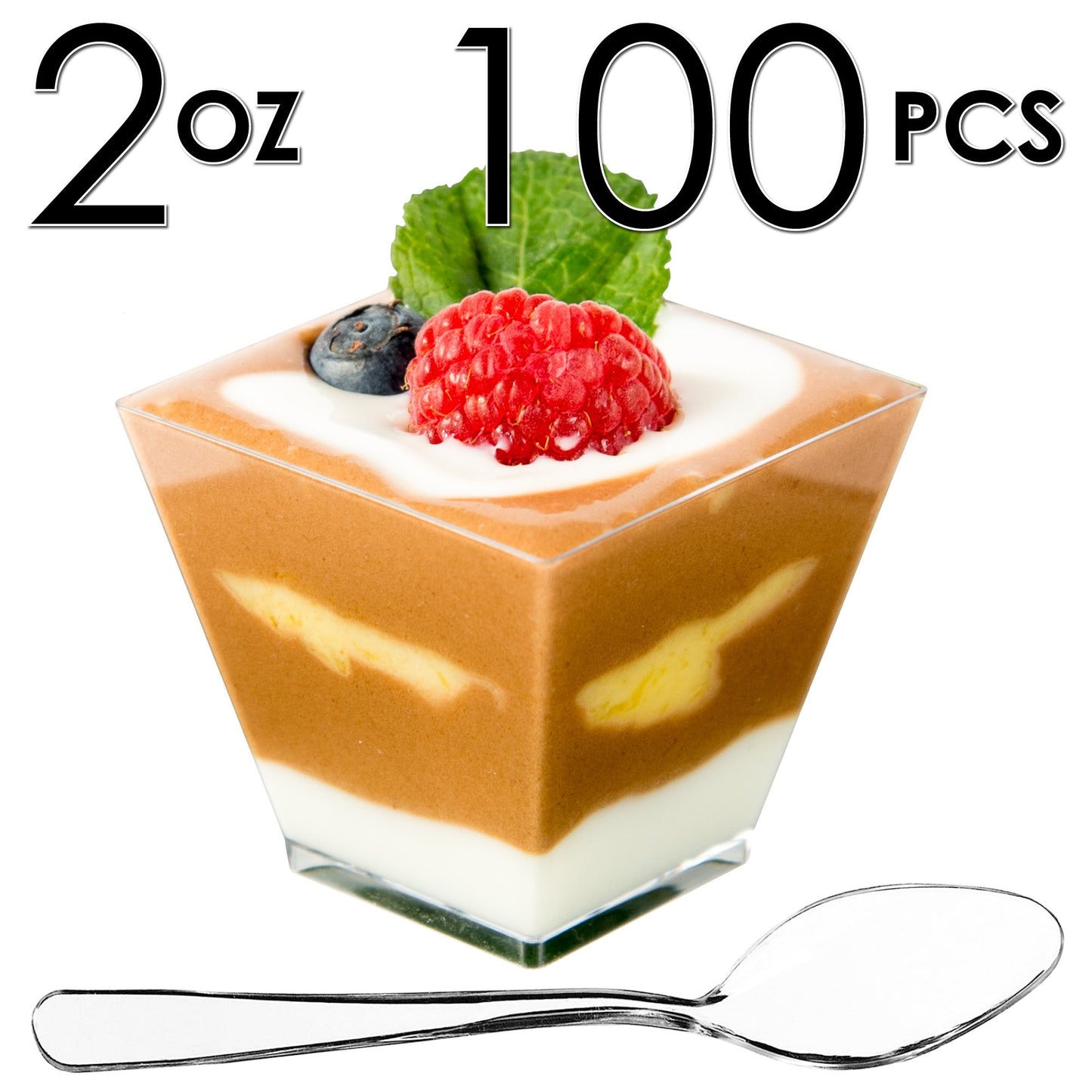 DLux 100 x 2 oz Mini Dessert Cups with Spoons, Square Short - Clear Plastic Parfait Appetizer Cup - Small Reusable Serving Bowl for Tasting Party Desserts Appetizers - with Recipe Ebook