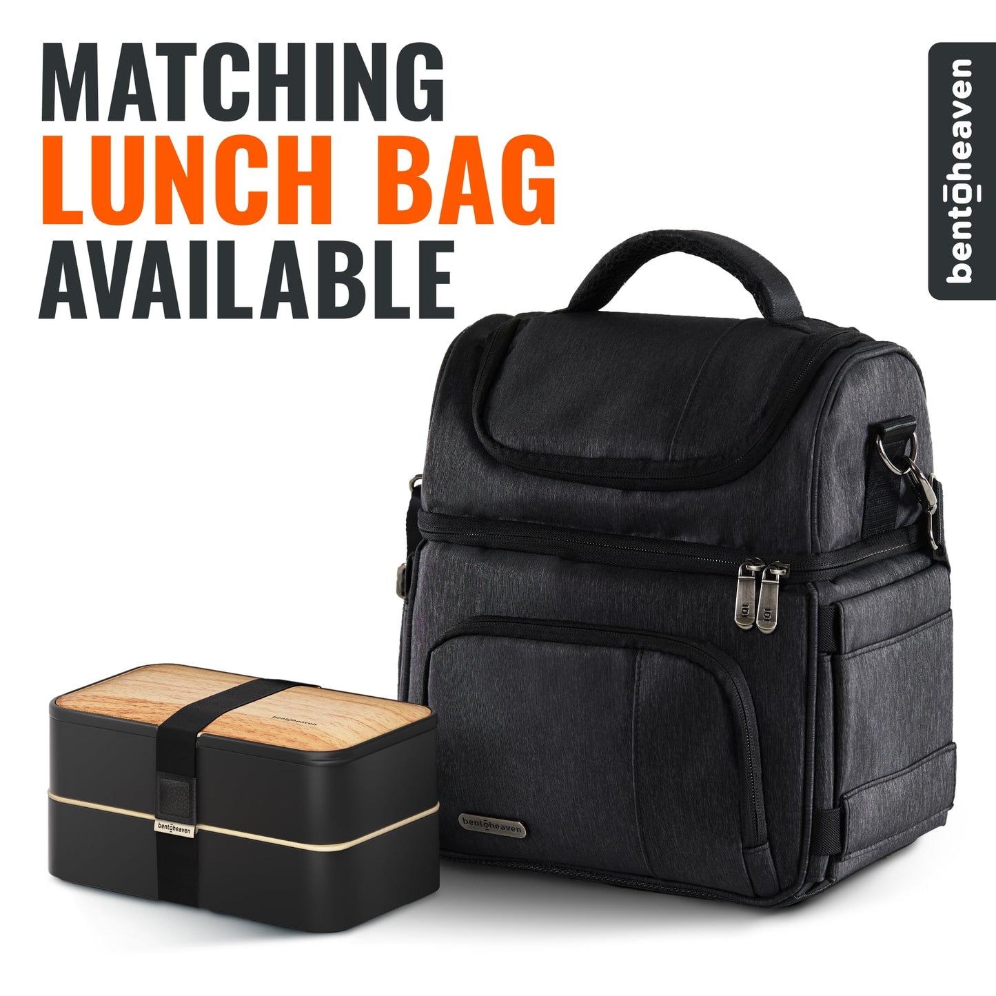 Bentoheaven Premium Bento Box Adult Lunch Box with 2 Compartments (40oz), Cutlery & Set of Chopsticks, Large Dip Container, Cute Black Japanese Bento Box, Rectangle, Microwavable (Symph-Onyx)