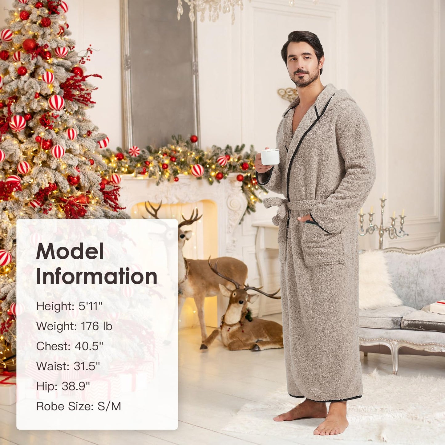 FashGudim 400g Mens Plush Robe with Hood Full Length Winter Long Luxury Hooded Bathrobe for Men Big and Tall, Taupe, 6X-Large-7X-Large Big Tall