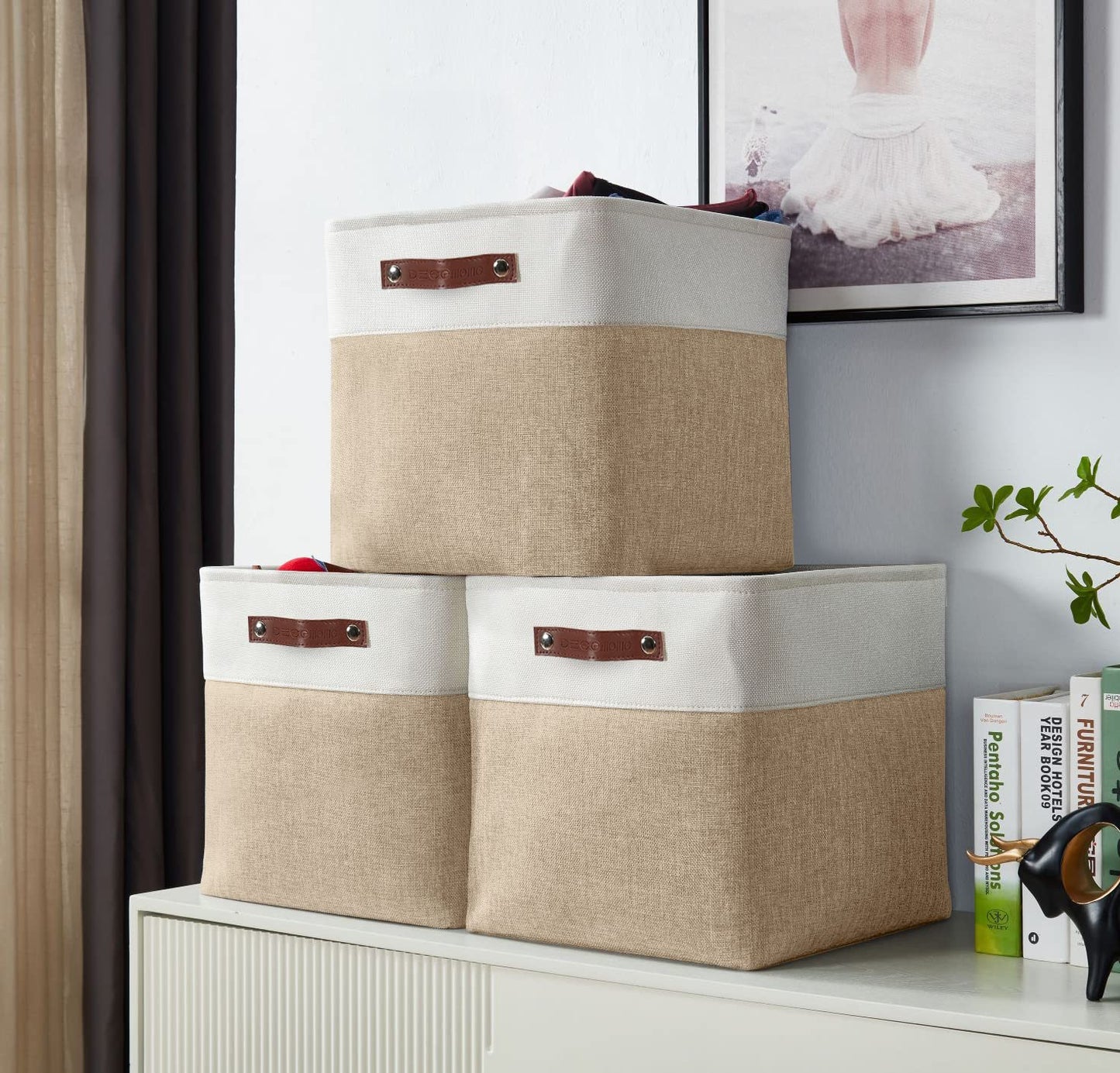 DECOMOMO Cube Storage Bin, Storage Baskets for Shelves, 12x12 inches Collapsible Fabric Storage Cubes (Beige & White, 4pcs)