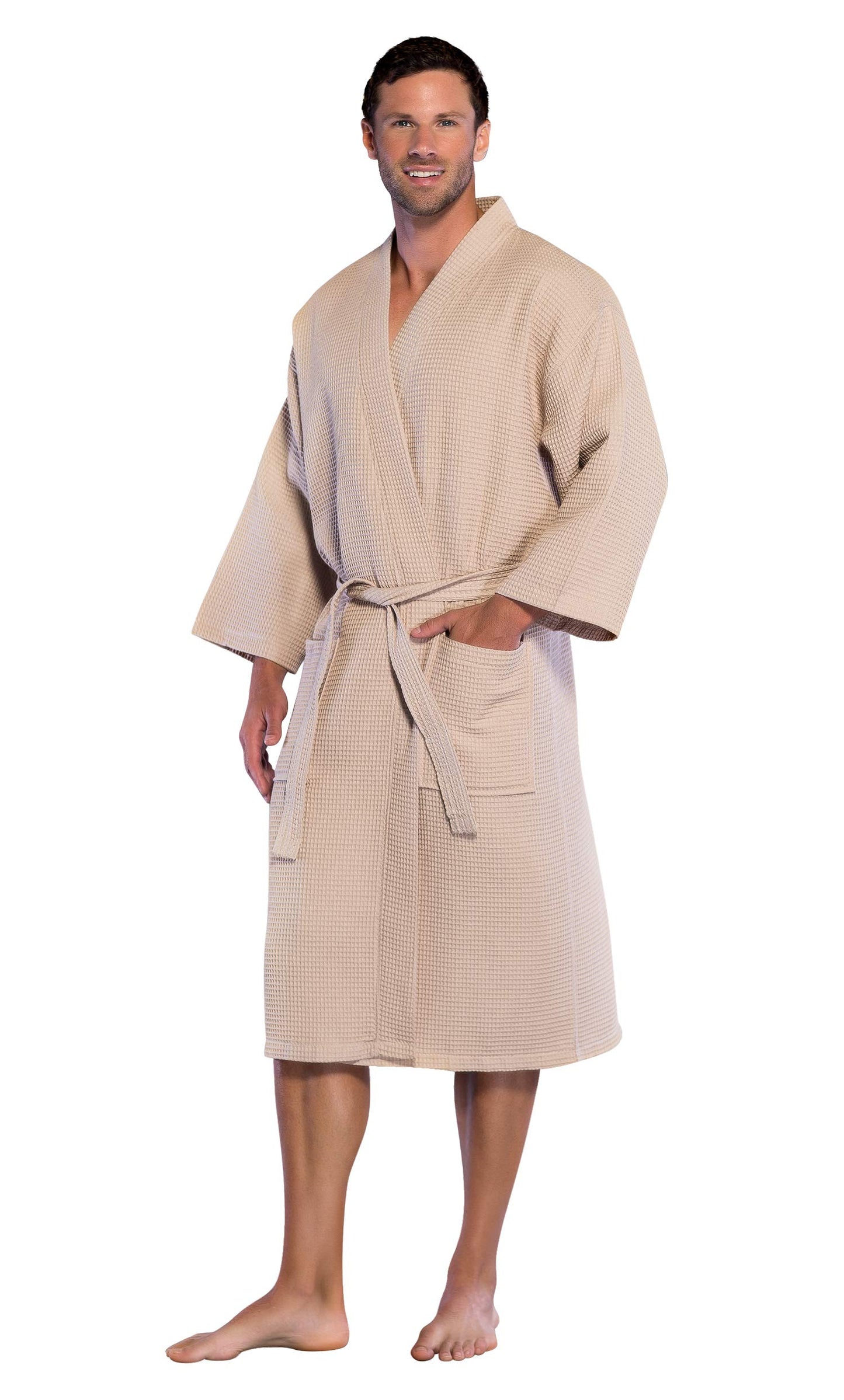 Turquaz Lightweight Long Waffle Kimono Spa Robe for Men, Taupe, XX-Large