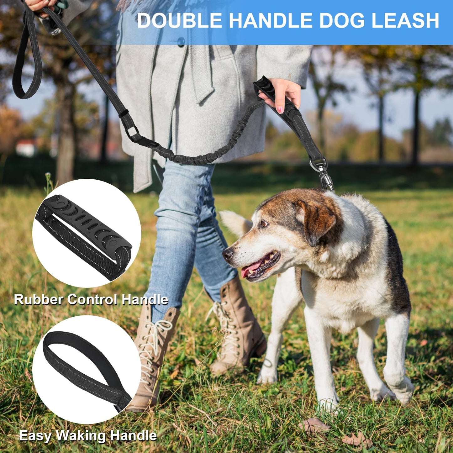 Chioratree Heavy Duty Dog Leash for Medium Large Dogs 2 Pack, Shock Absorbing Bungee Tactical Dog Leash, 4-6FT Strong No Pull Lead with 2 Padded Handle,Car Seatbelt,Light Reflective Rope, Black Purple